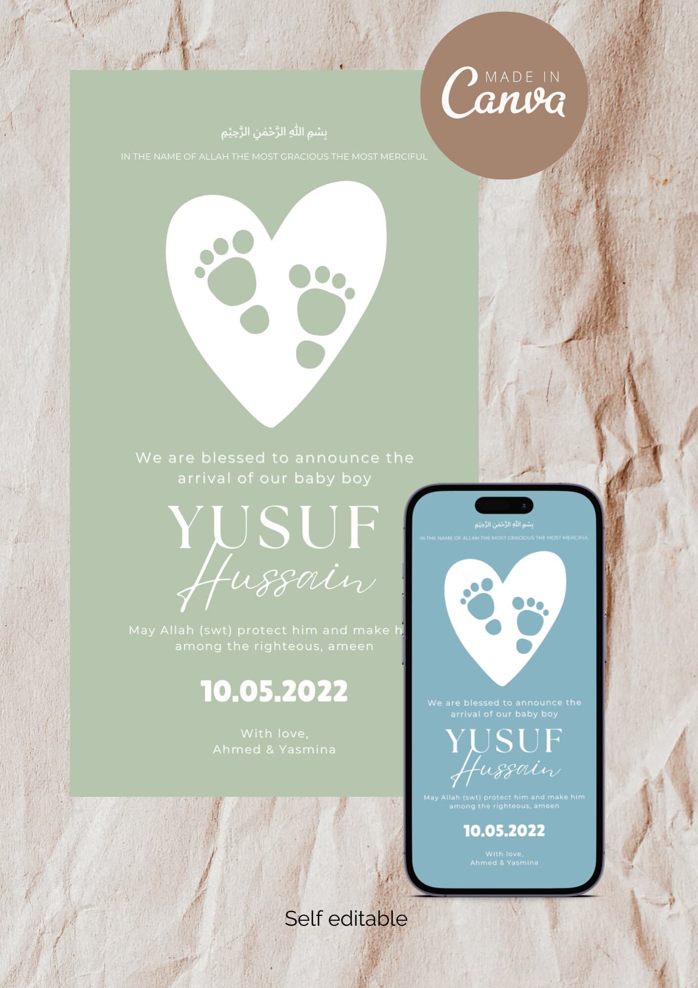 Muslim Baby Boy Birth Announcement | Islamic Canva Template (Digital)