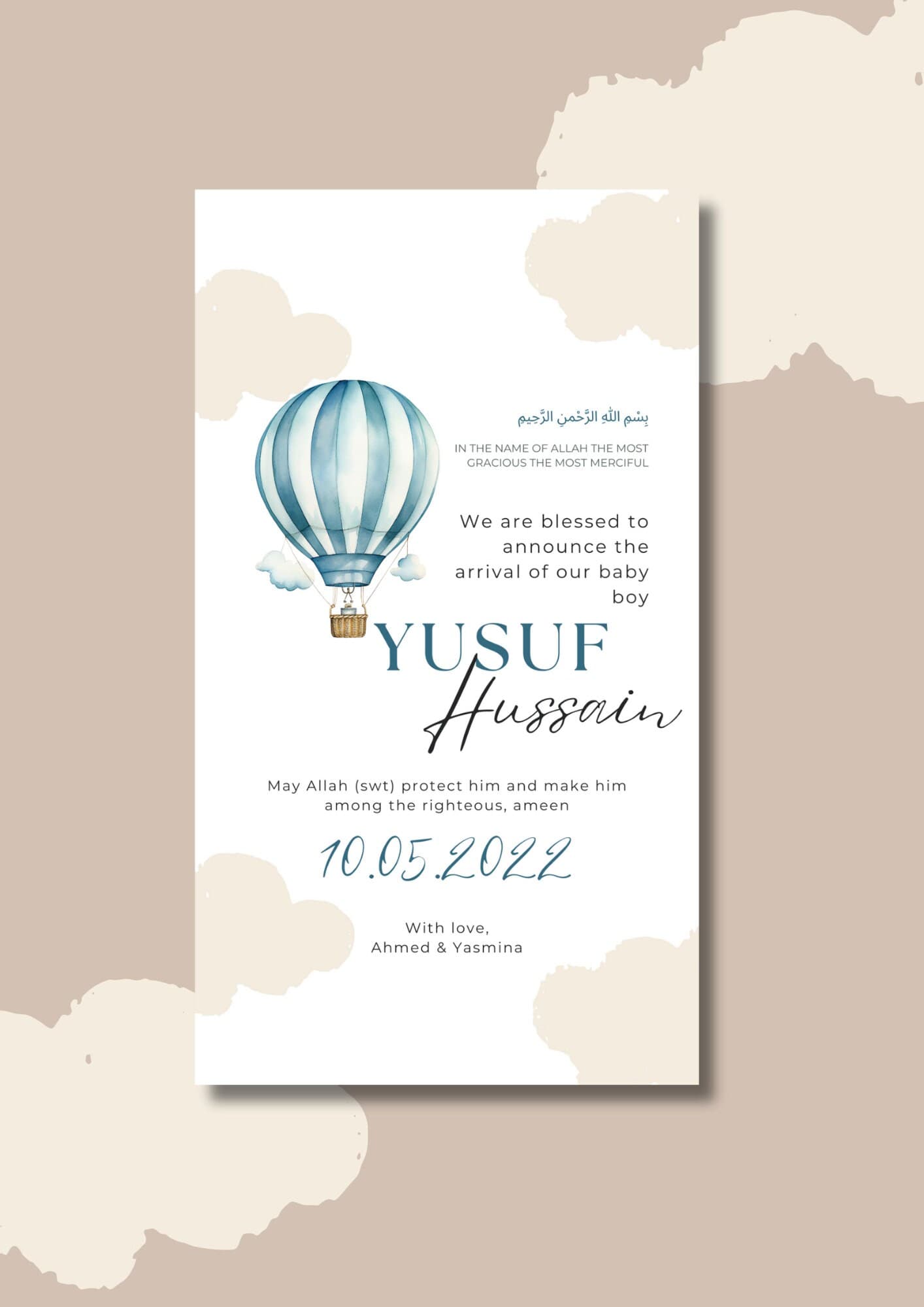 Blue Air Balloon Muslim Baby Boy Birth Announcement (Editable Canva Template) - image 3