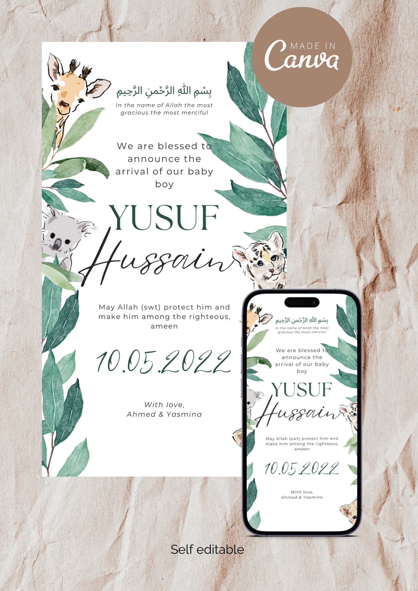 Safari Animals Muslim Baby Boy Birth Announcement (Editable Canva Template)