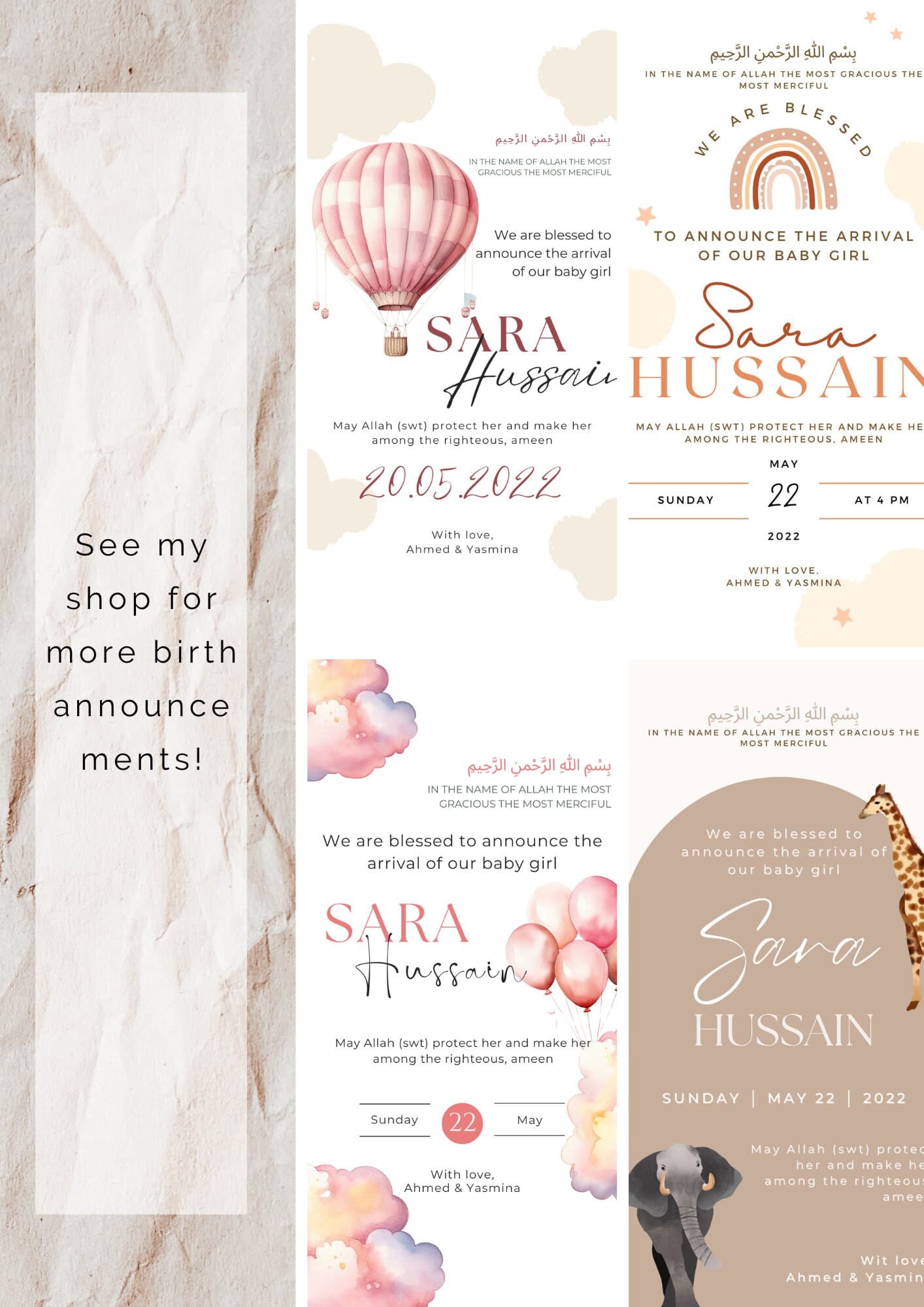 Islamic Baby Girl Birth Announcement | Pink Air Balloon (Editable Canva Template) - image 5