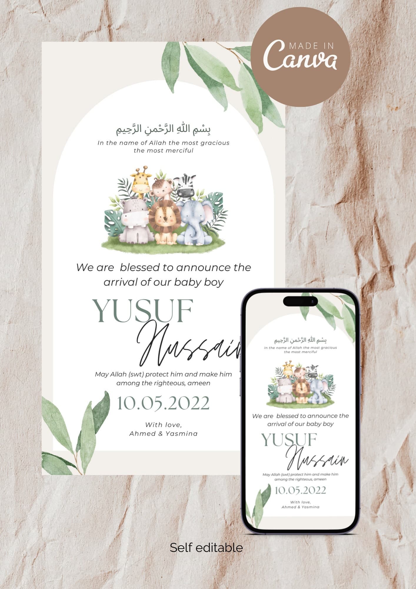 Safari Animals Muslim Baby Boy Birth Announcement | Editable Canva Template (Digital)