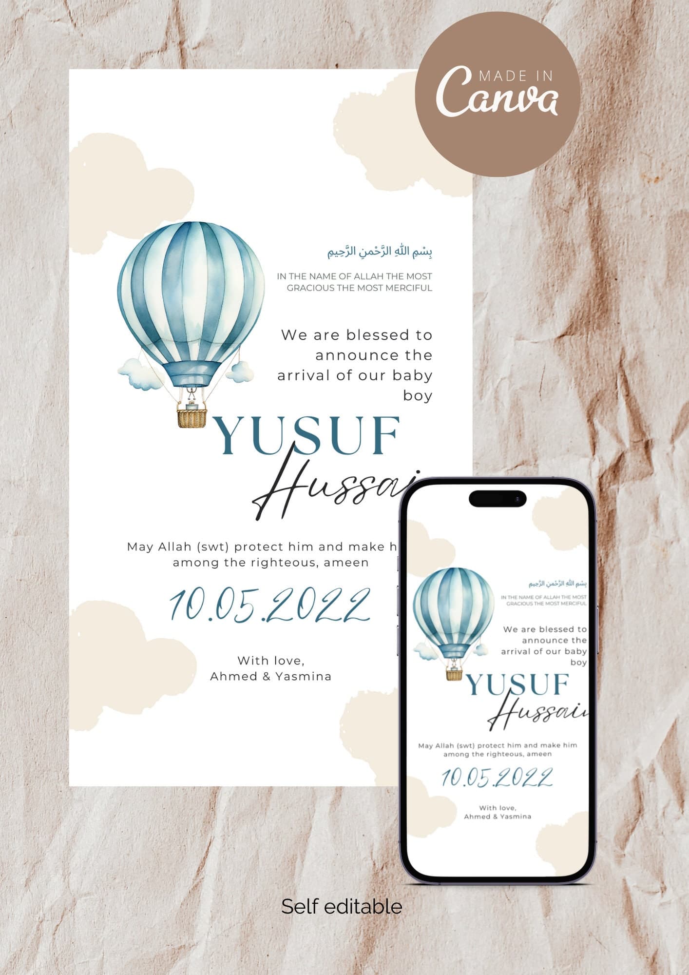 Blue Air Balloon Muslim Baby Boy Birth Announcement (Editable Canva Template)