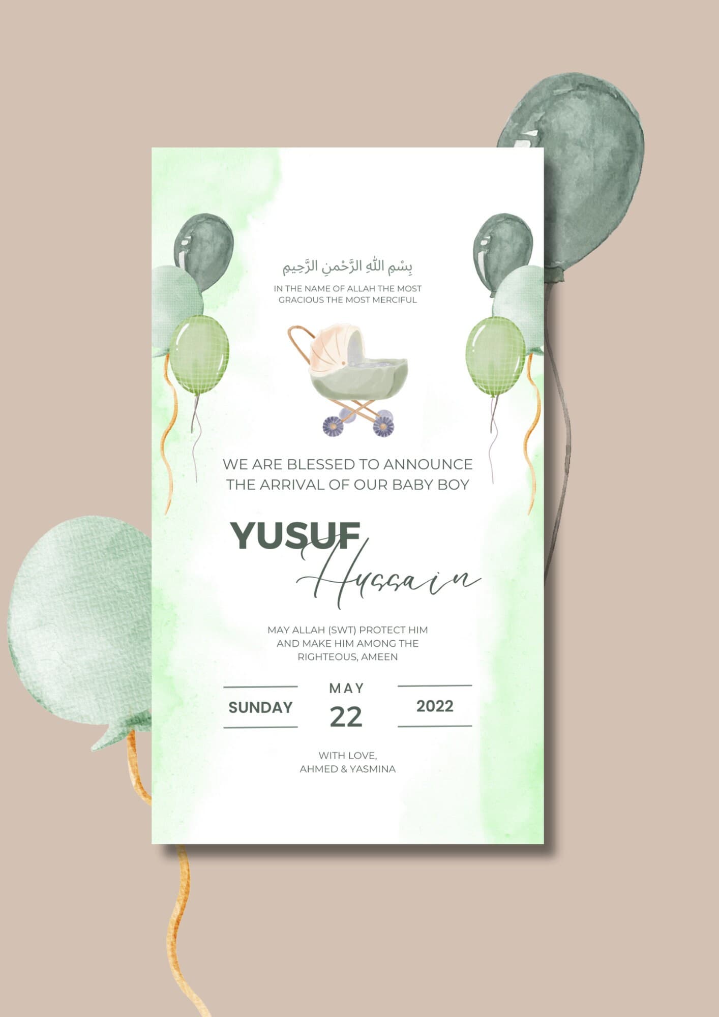 Muslim Baby Boy Birth Announcement | Green Balloons (Editable Canva Template) - image 3