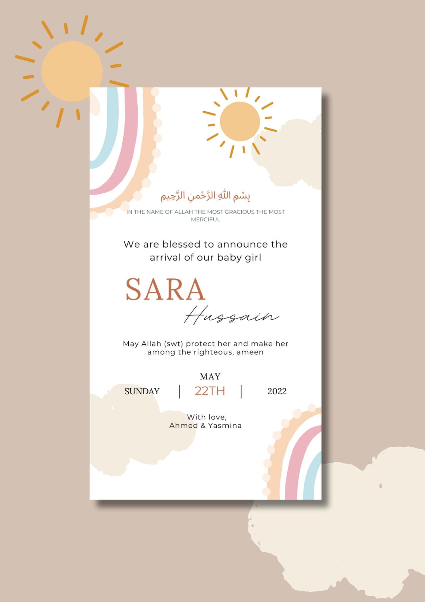 Rainbow Sun Muslim Baby Girl Birth Announcement | Editable Canva Template (Digital) - image 3