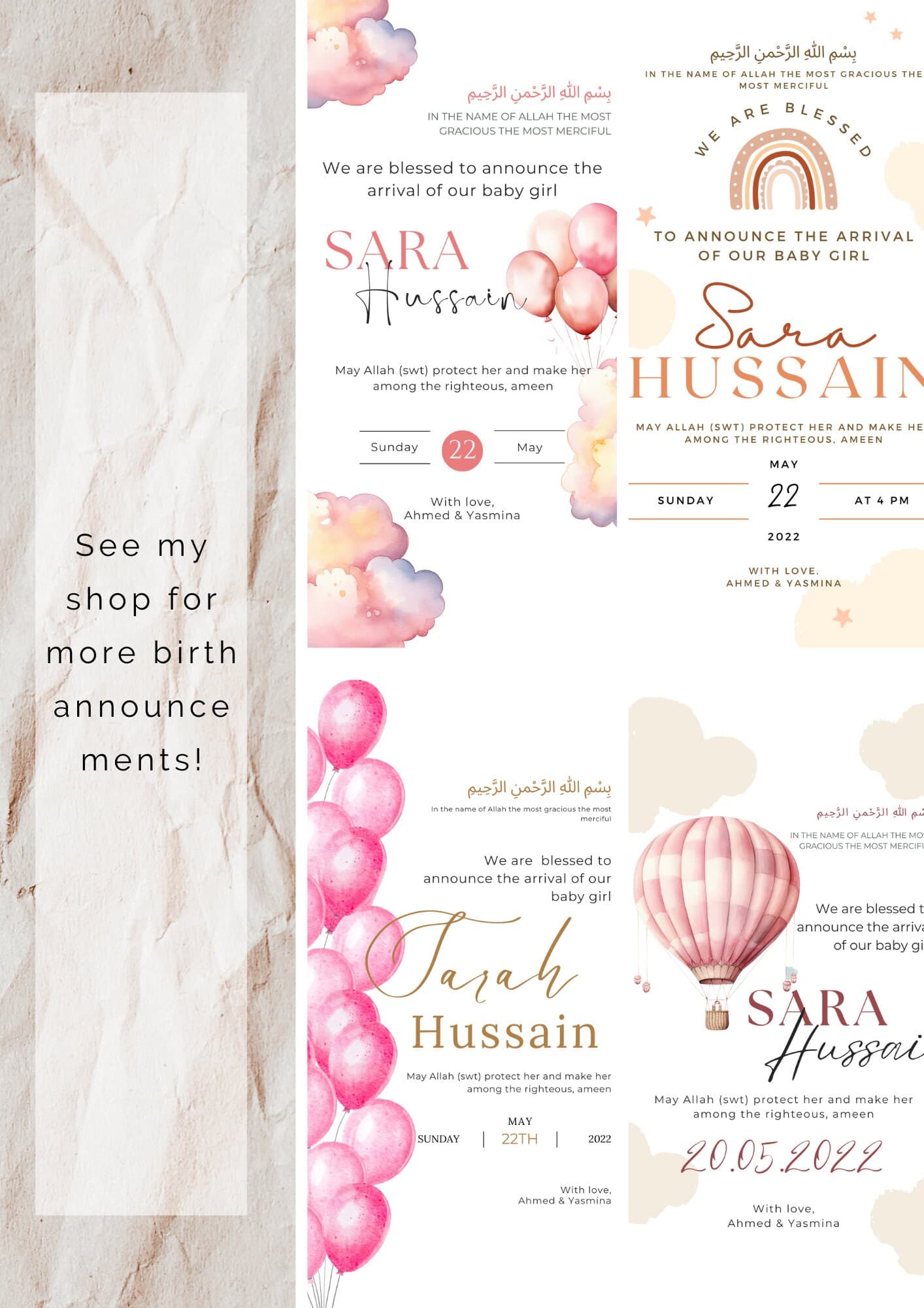 Muslim Baby Girl Birth Announcement | Islamic Canva Template (Digital Download) - image 5