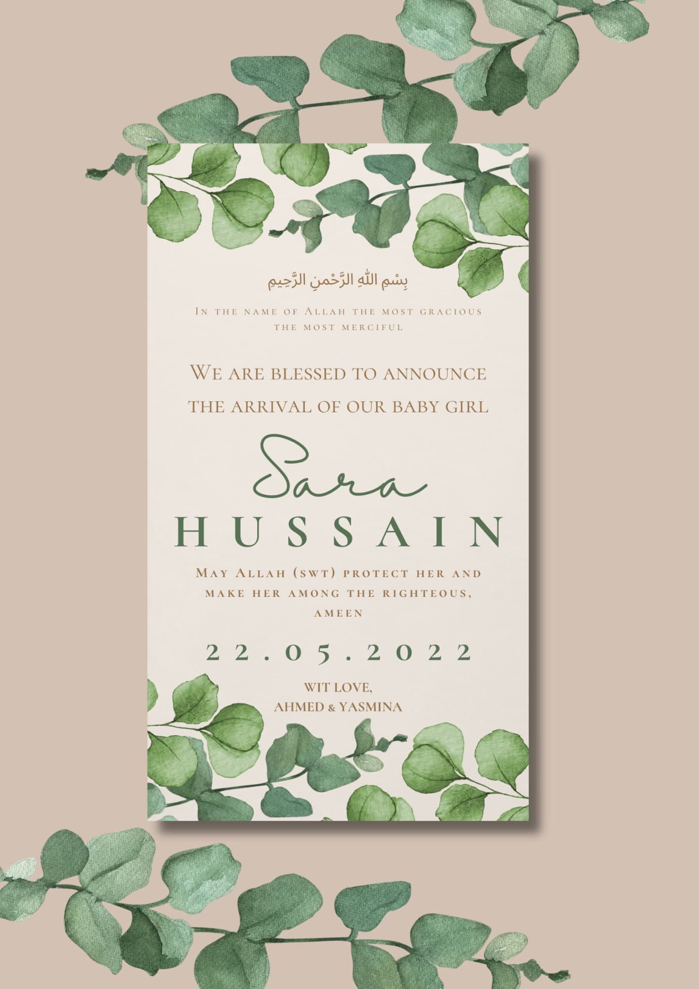 Islamic Baby Girl Birth Announcement | Greenery Template (Editable Canva Template)) - image 3
