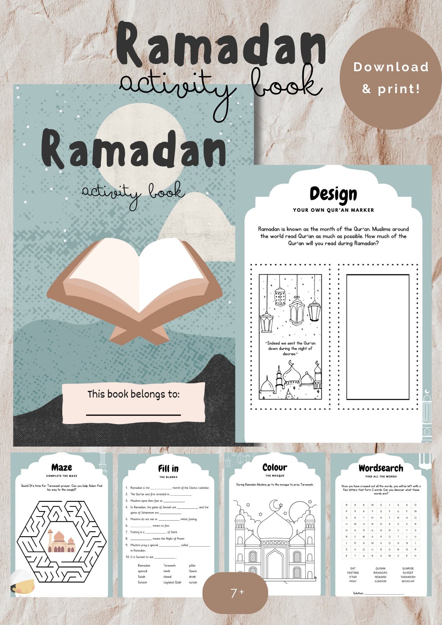 Ramadan activity book for kids 7+, Printable Ramadan activitybook blue