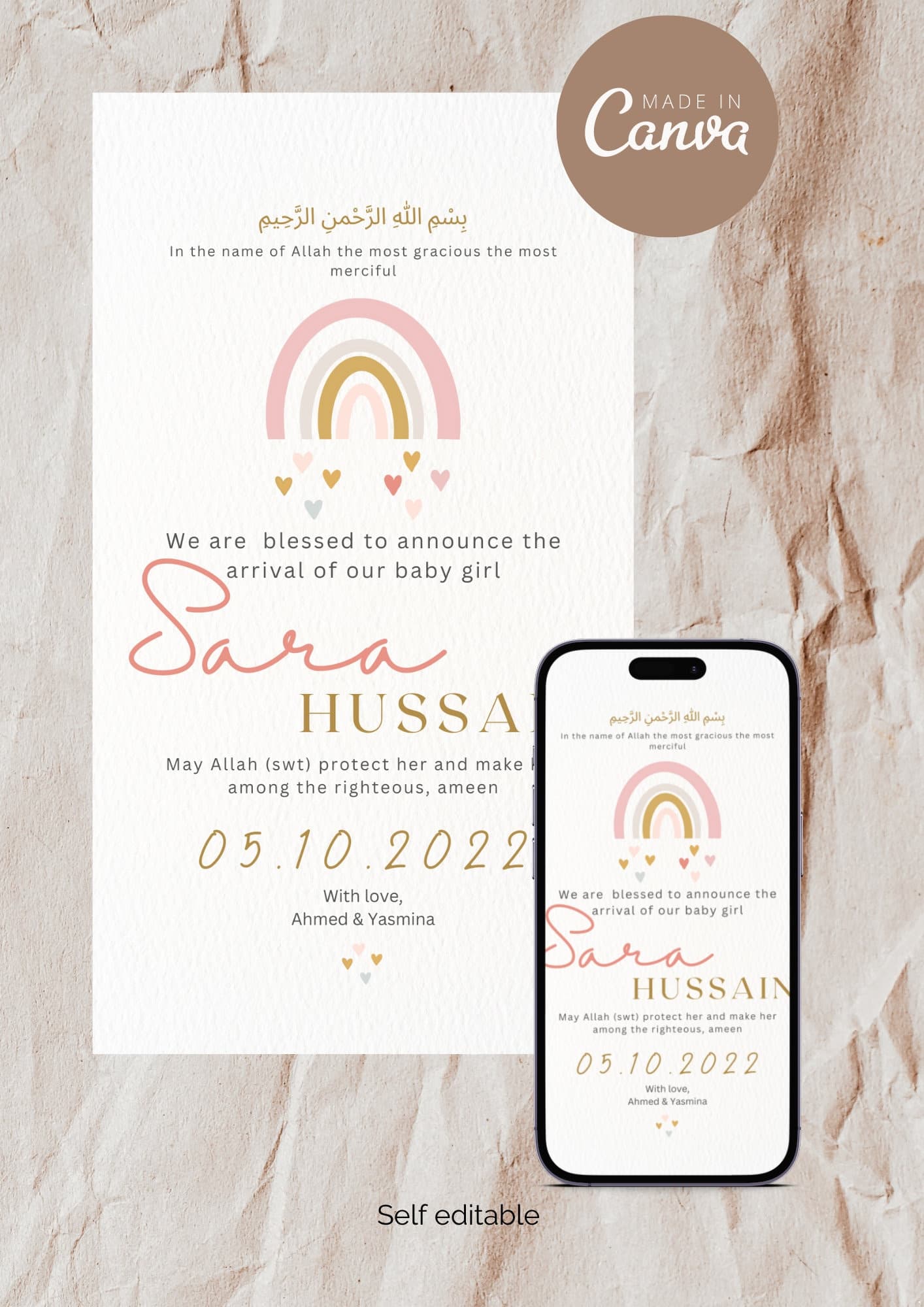 Muslim Baby Girl Birth Announcement | Pink Rainbow | Editable Canva Template (Digital Download)
