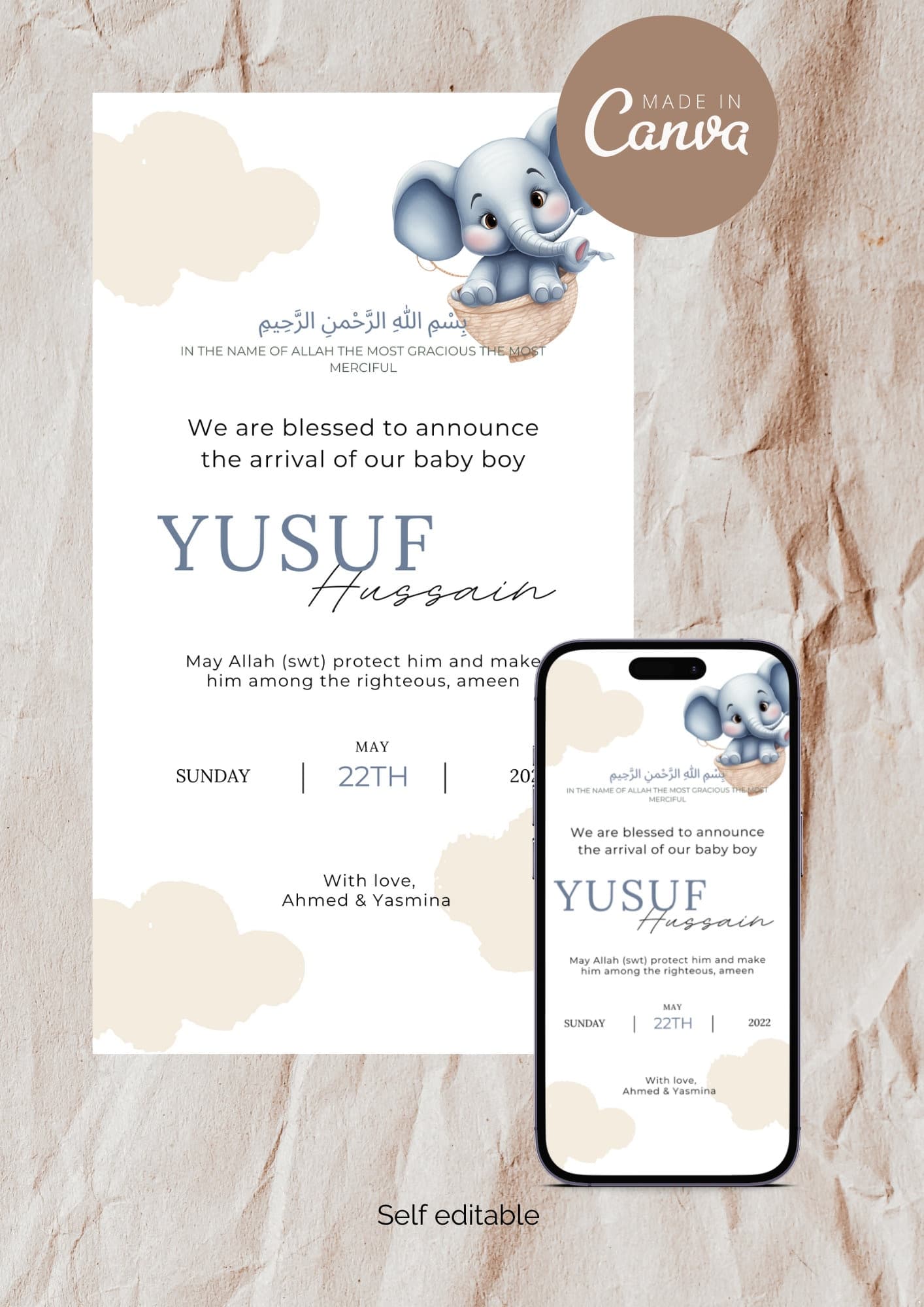 Elephant Muslim Baby Boy Birth Announcement | Editable Canva Template (Digital)