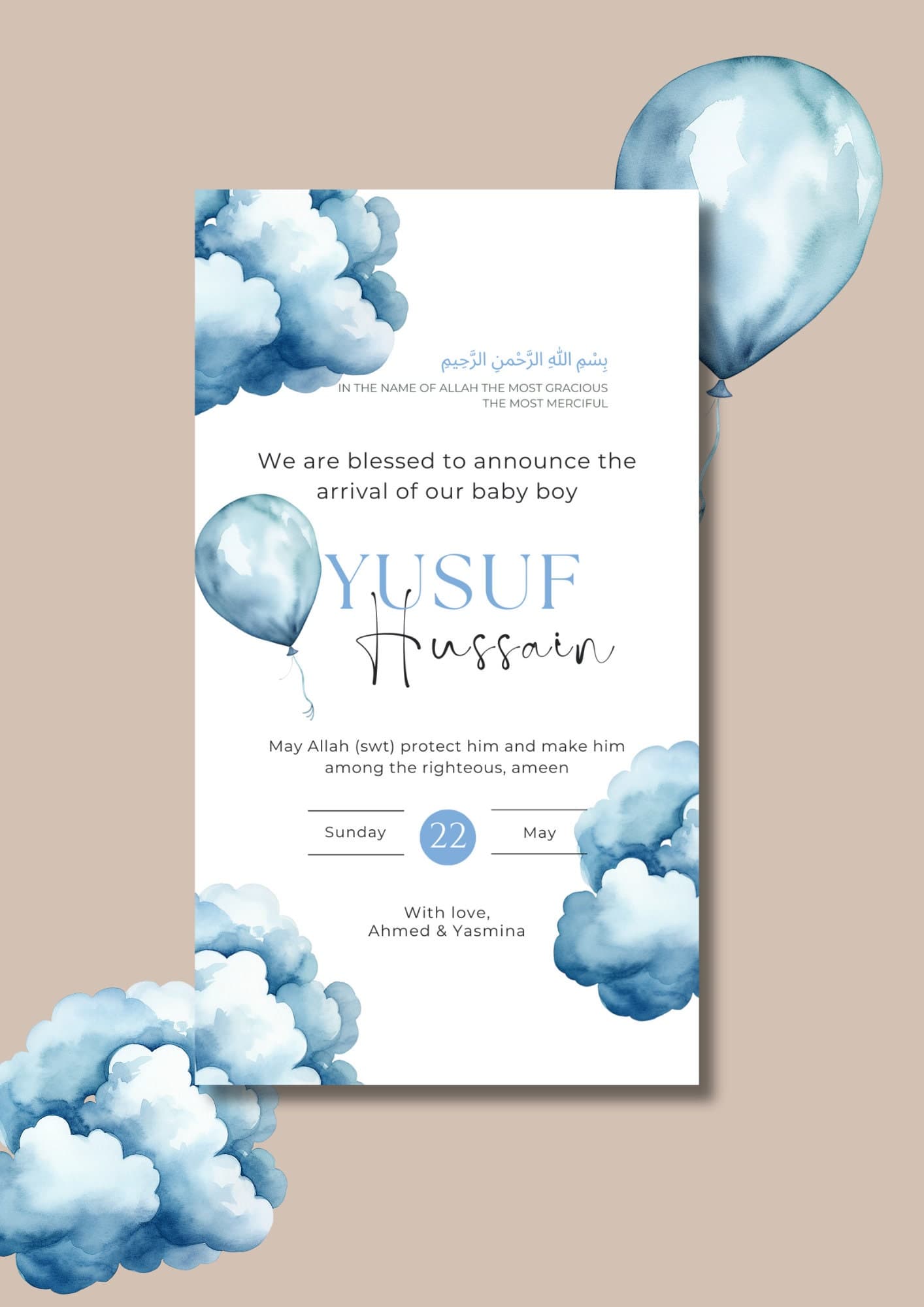 Muslim baby boy birth announcement | Blue clouds themed birth announcement | Islamic birth announcement | Editable Canva template - image 3