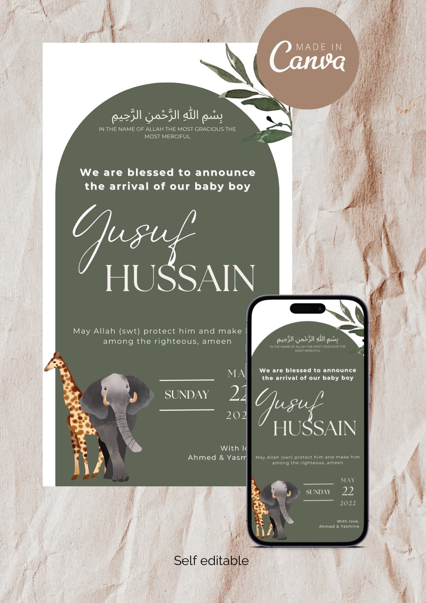 Safari Muslim Baby Boy Birth Announcement | Editable Canva Template