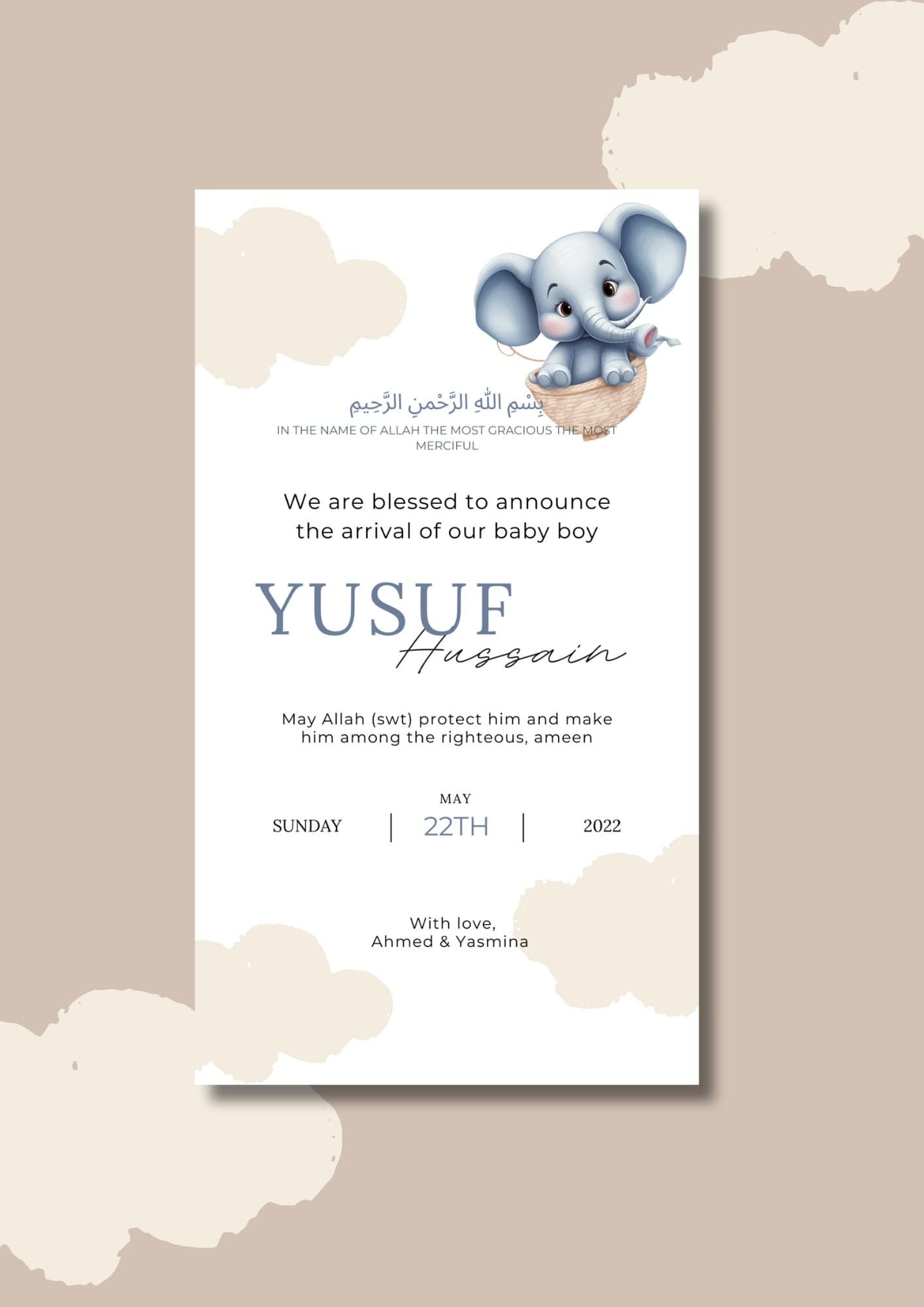 Elephant Muslim Baby Boy Birth Announcement | Editable Canva Template (Digital) - image 3