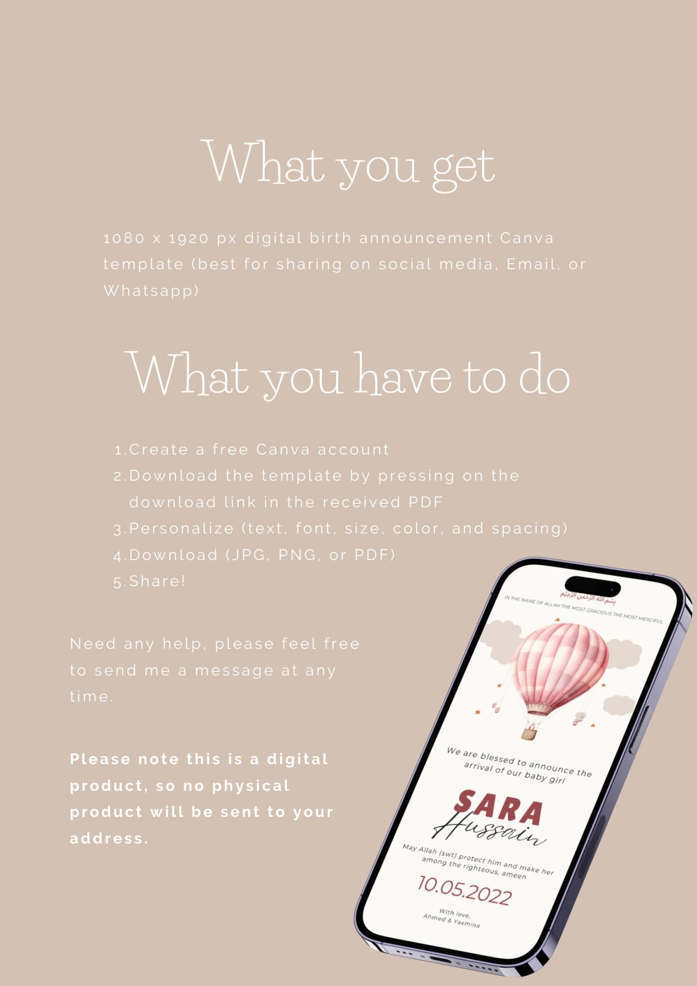 Islamic Baby Girl Birth Announcement | Pink Air Balloon (Editable Canva Template) - image 4