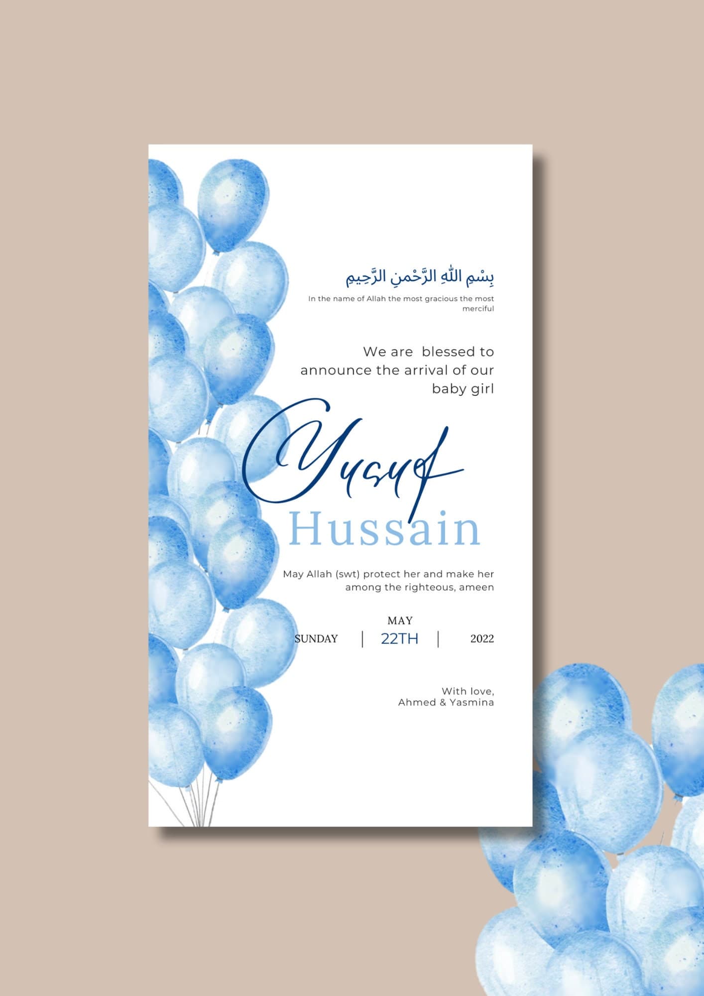 Blue Balloons Muslim Baby Boy Birth Announcement | Canva Template - image 3