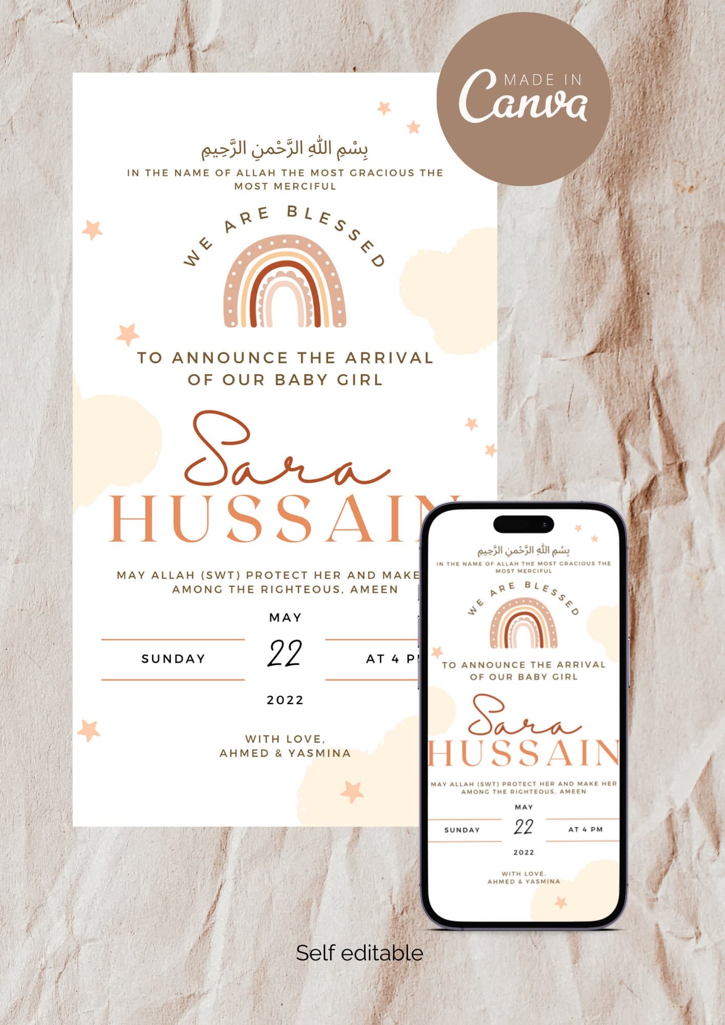 Muslim Baby Girl Birth Announcement | Rainbow (Editable Canva Template)