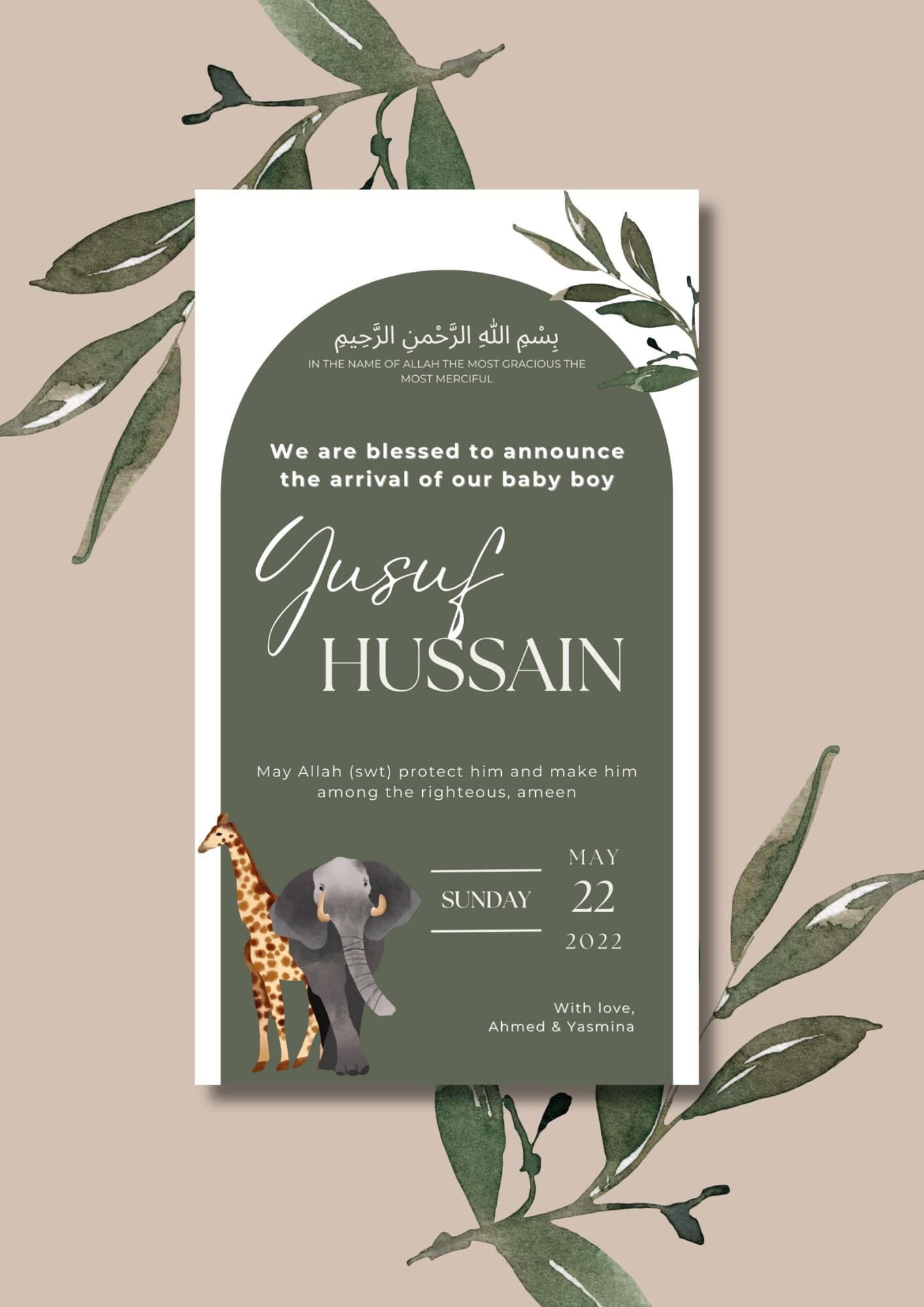 Safari Muslim Baby Boy Birth Announcement | Editable Canva Template - image 3