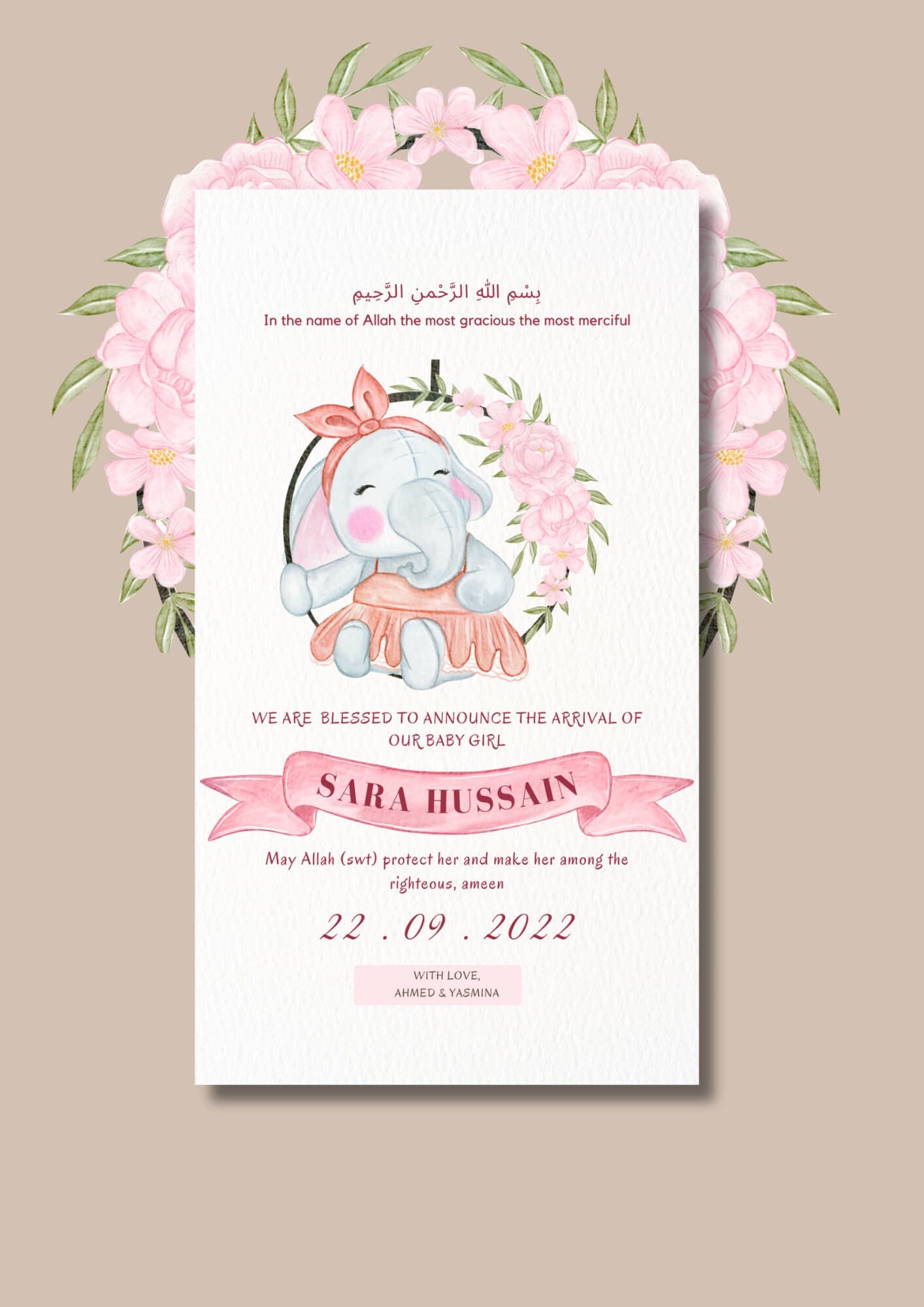 Pink Elephant Muslim Girl Birth Announcement | Editable Canva Template (Digital) - image 3