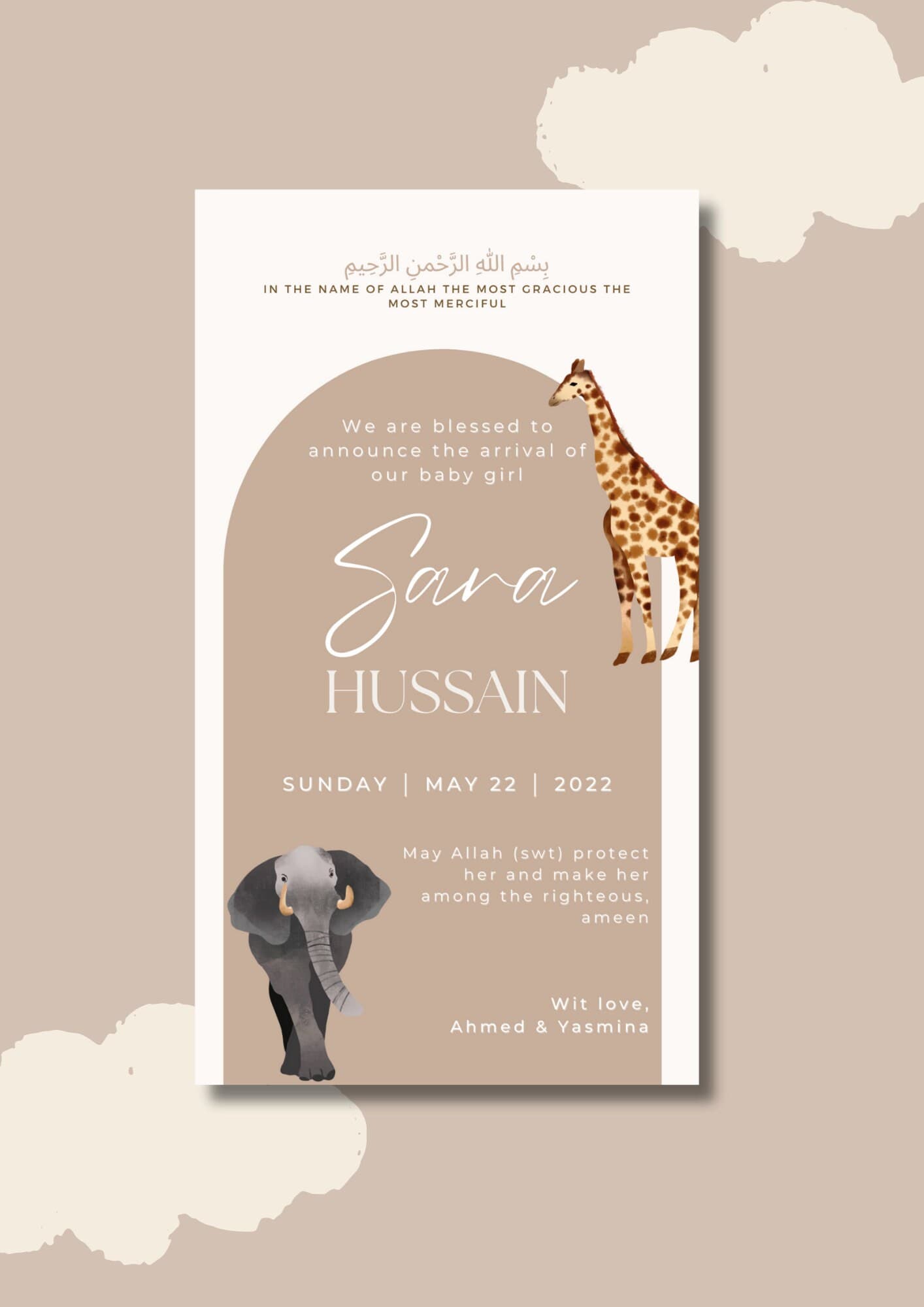 Safari Muslim Baby Girl Birth Announcement | Editable Canva Template (Digital) - image 3
