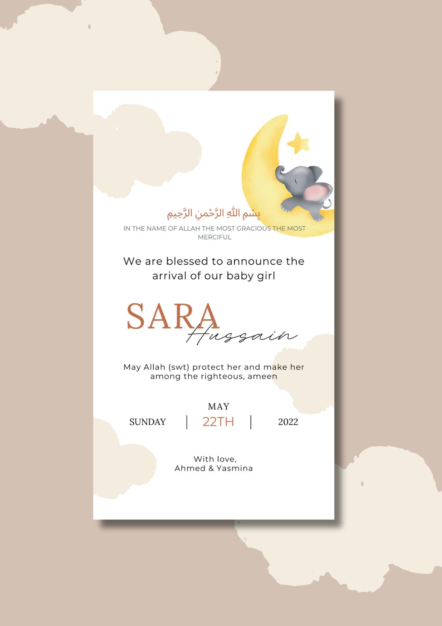 Muslim Baby Girl Birth Announcement | Elephant on Moon (Editable Canva Template) - image 3