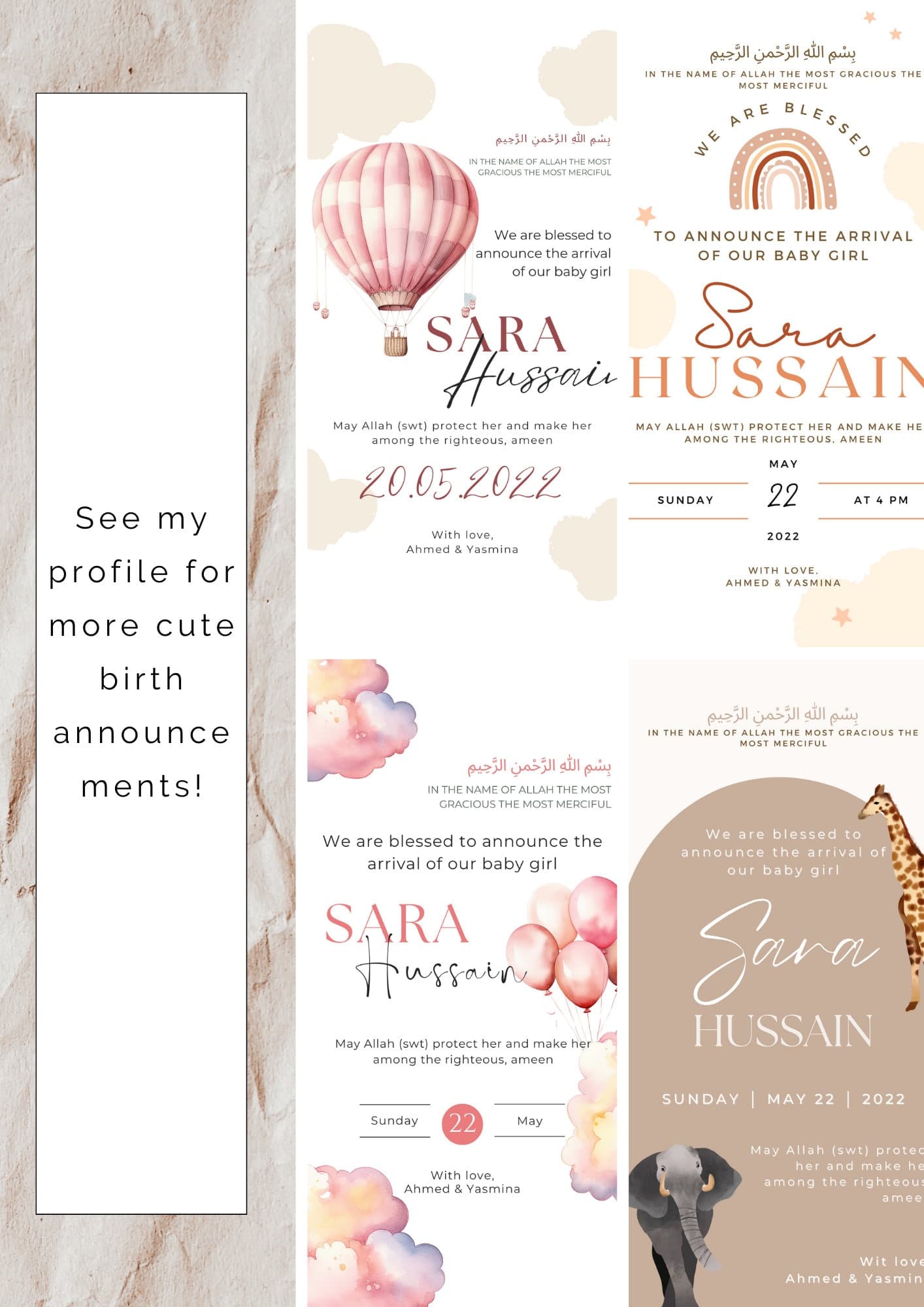 Muslim Baby Girl Birth Announcement | Pink Rainbow, Clouds (Editable Canva Template) - image 5