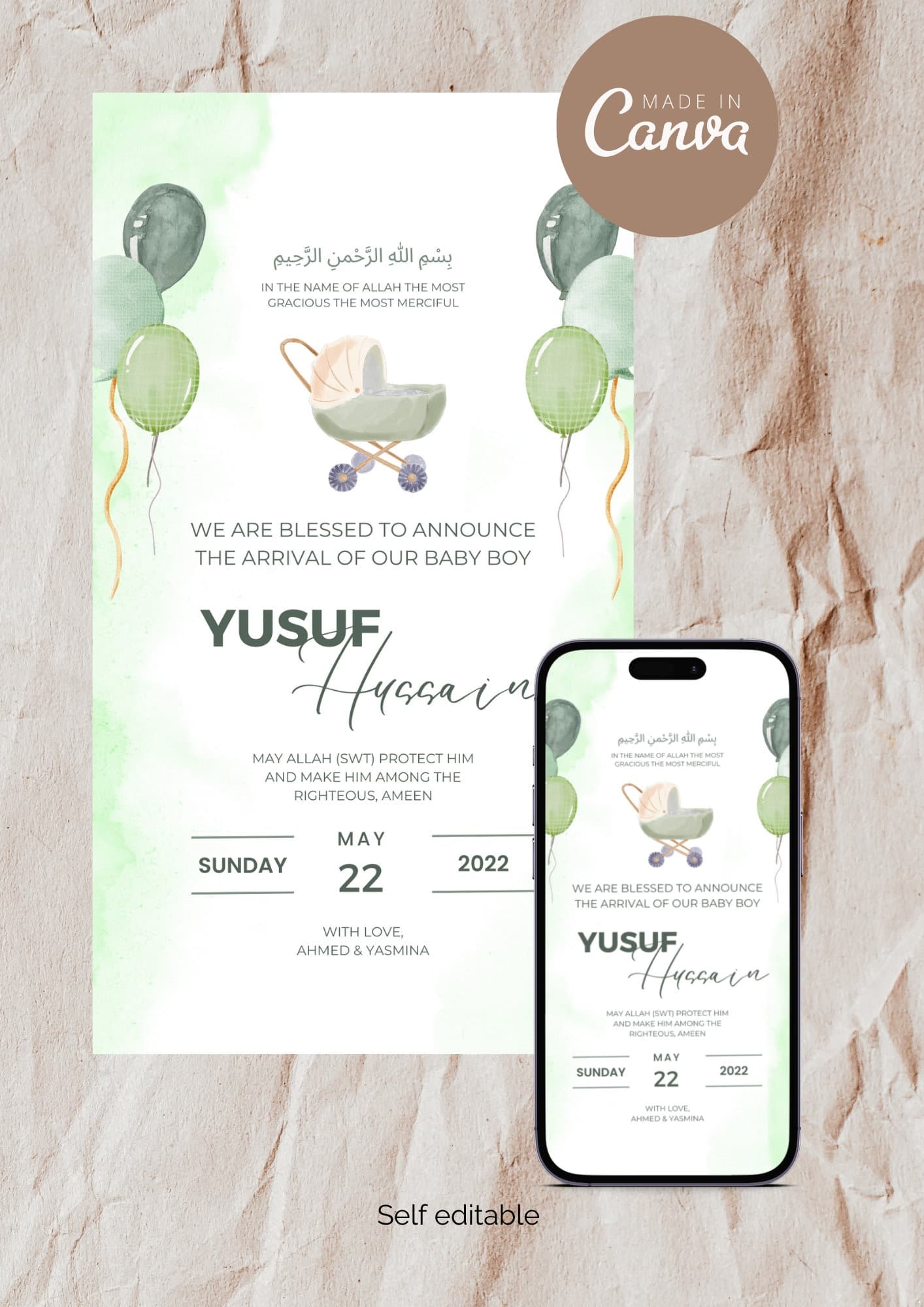 Muslim Baby Boy Birth Announcement | Green Balloons (Editable Canva Template)