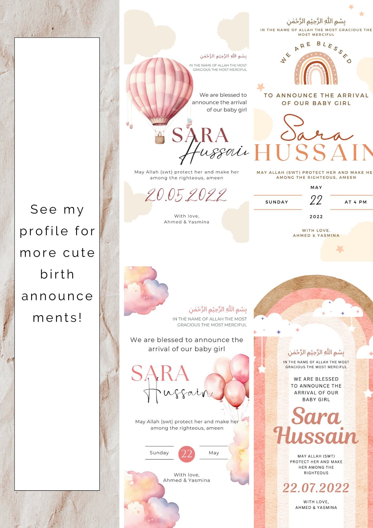 Muslim Baby Girl Birth Announcement | Elephant on Moon (Editable Canva Template) - image 5