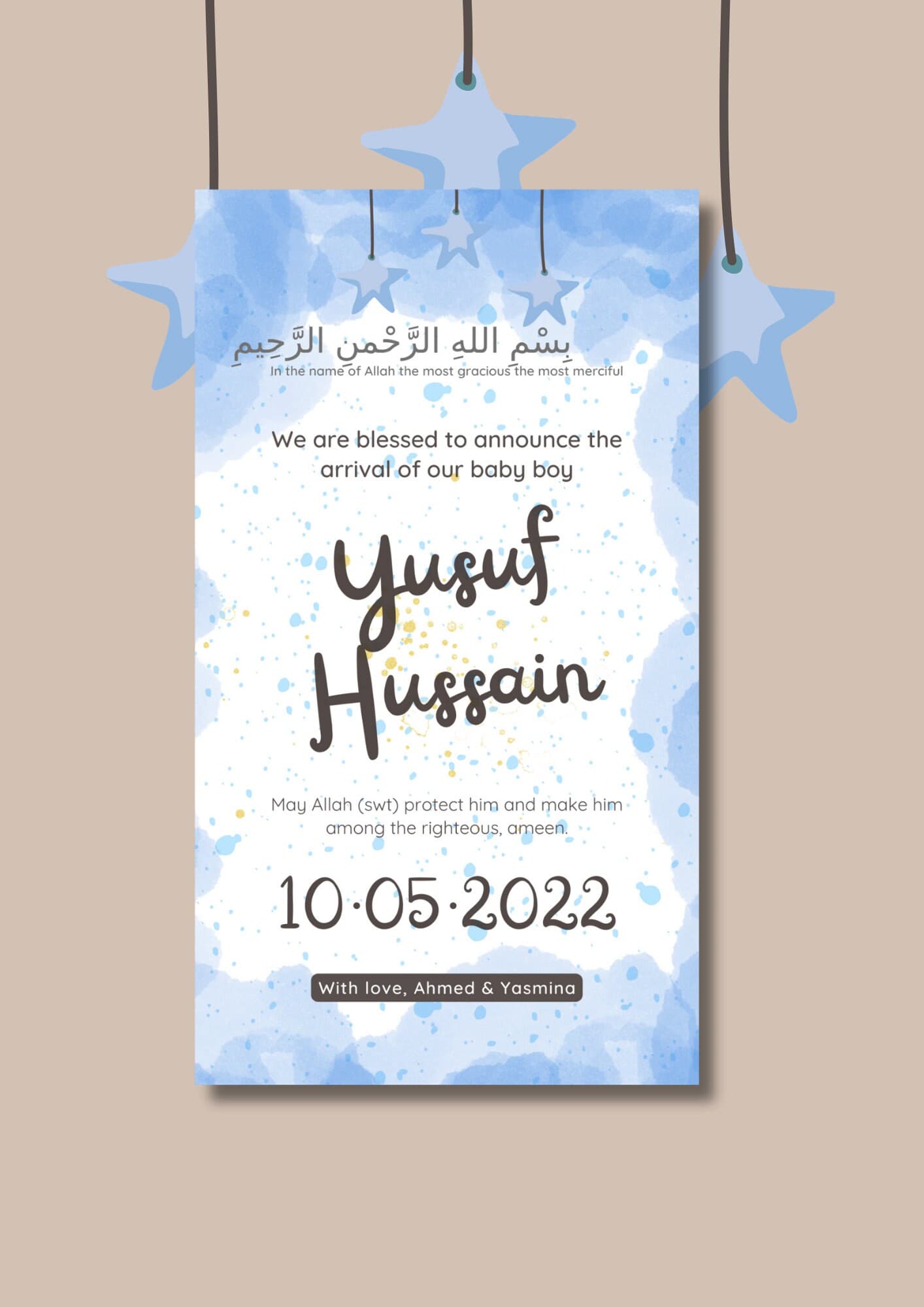 Blue Watercolor Muslim Baby Boy Birth Announcement (Editable Canva Template) - image 3