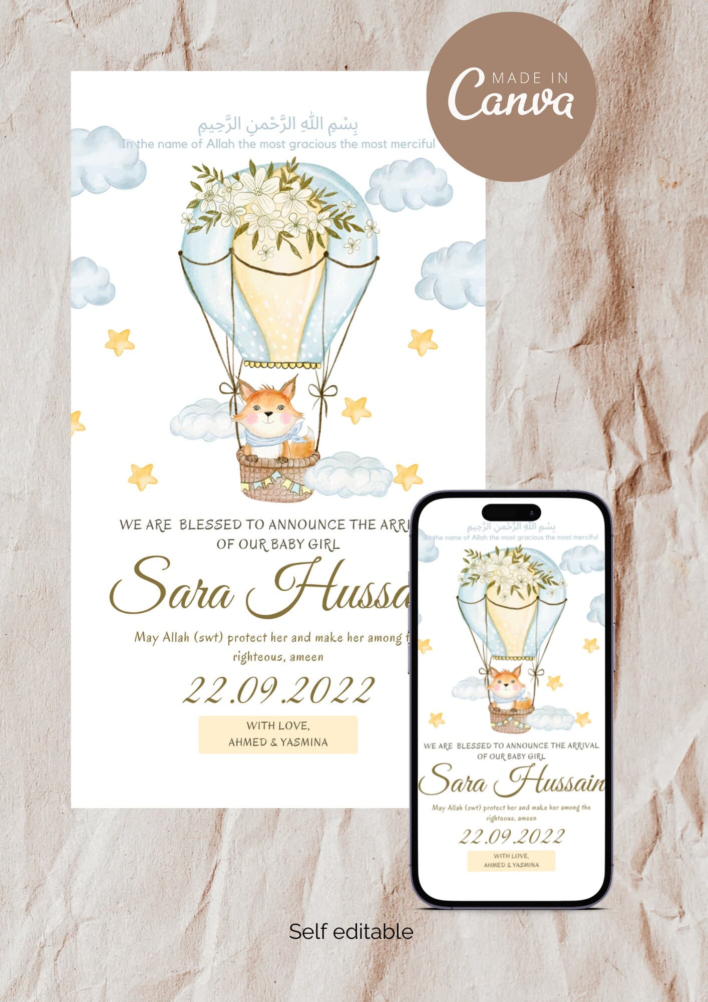 Muslim Baby Girl Birth Announcement | Fox Air Balloon (Editable Canva Template)