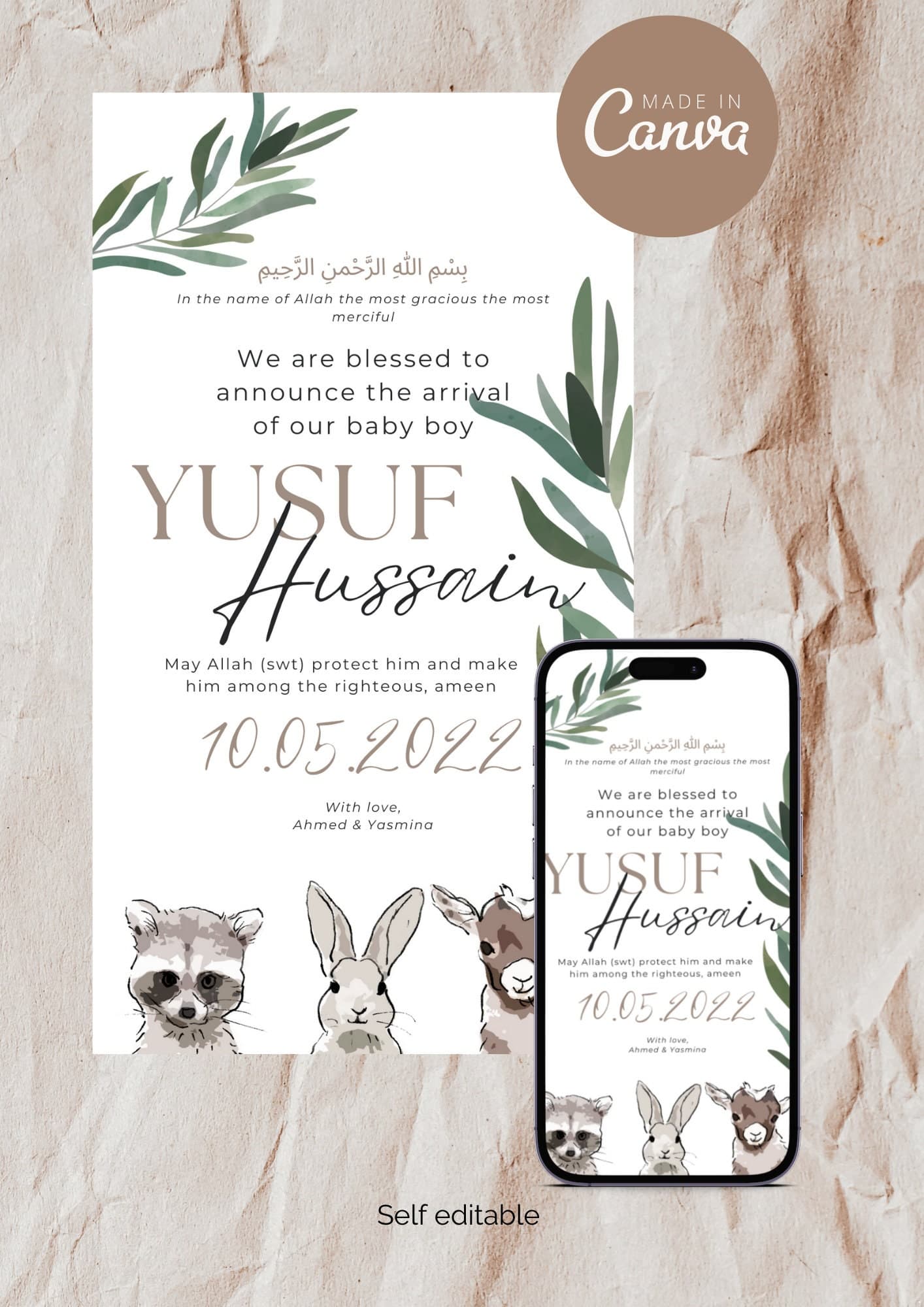 Animal Muslim Baby Boy Birth Announcement | Editable Canva Template