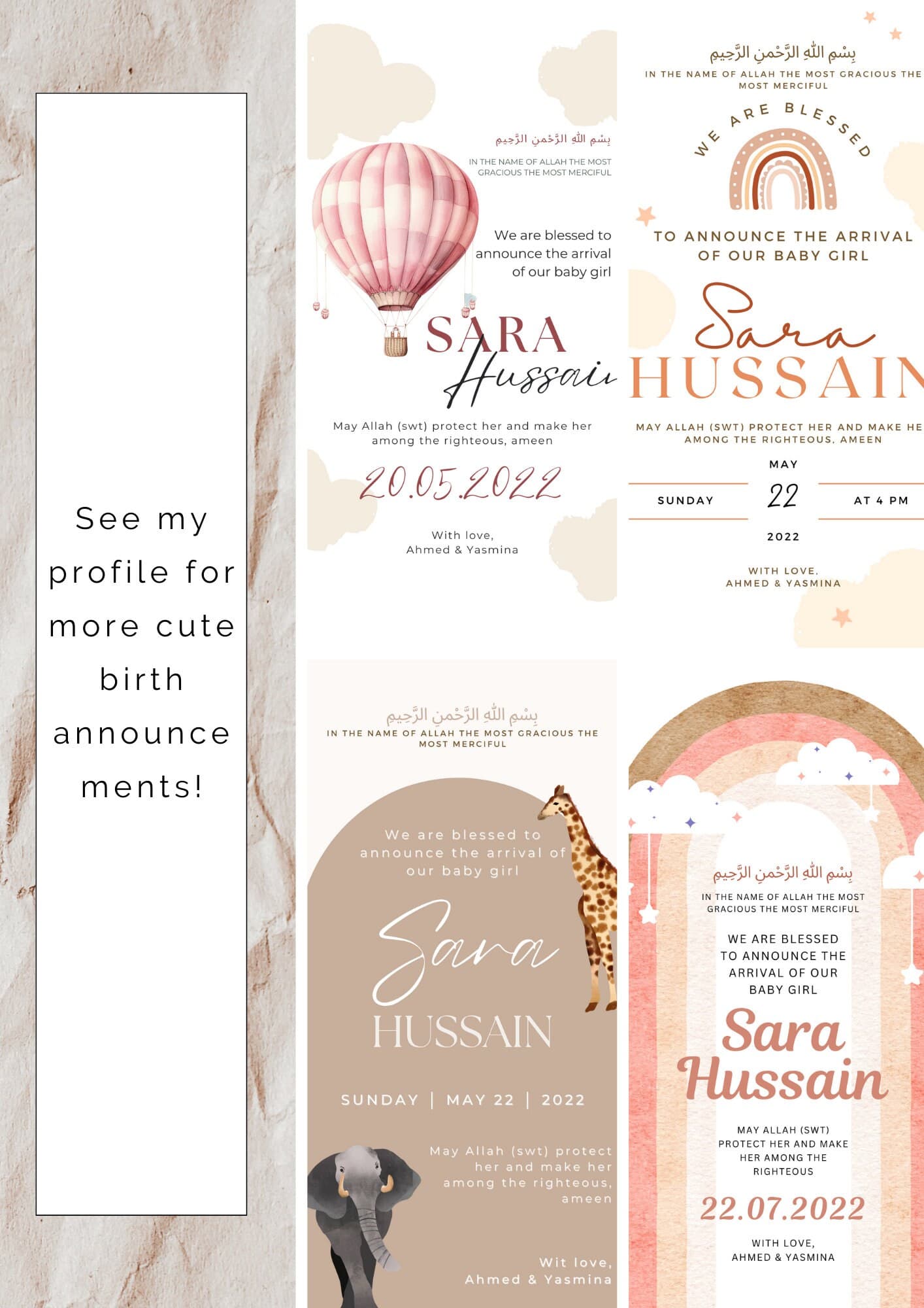 Pink Balloons Muslim Baby Girl Birth Announcement | Editable Canva Template (Digital) - image 5