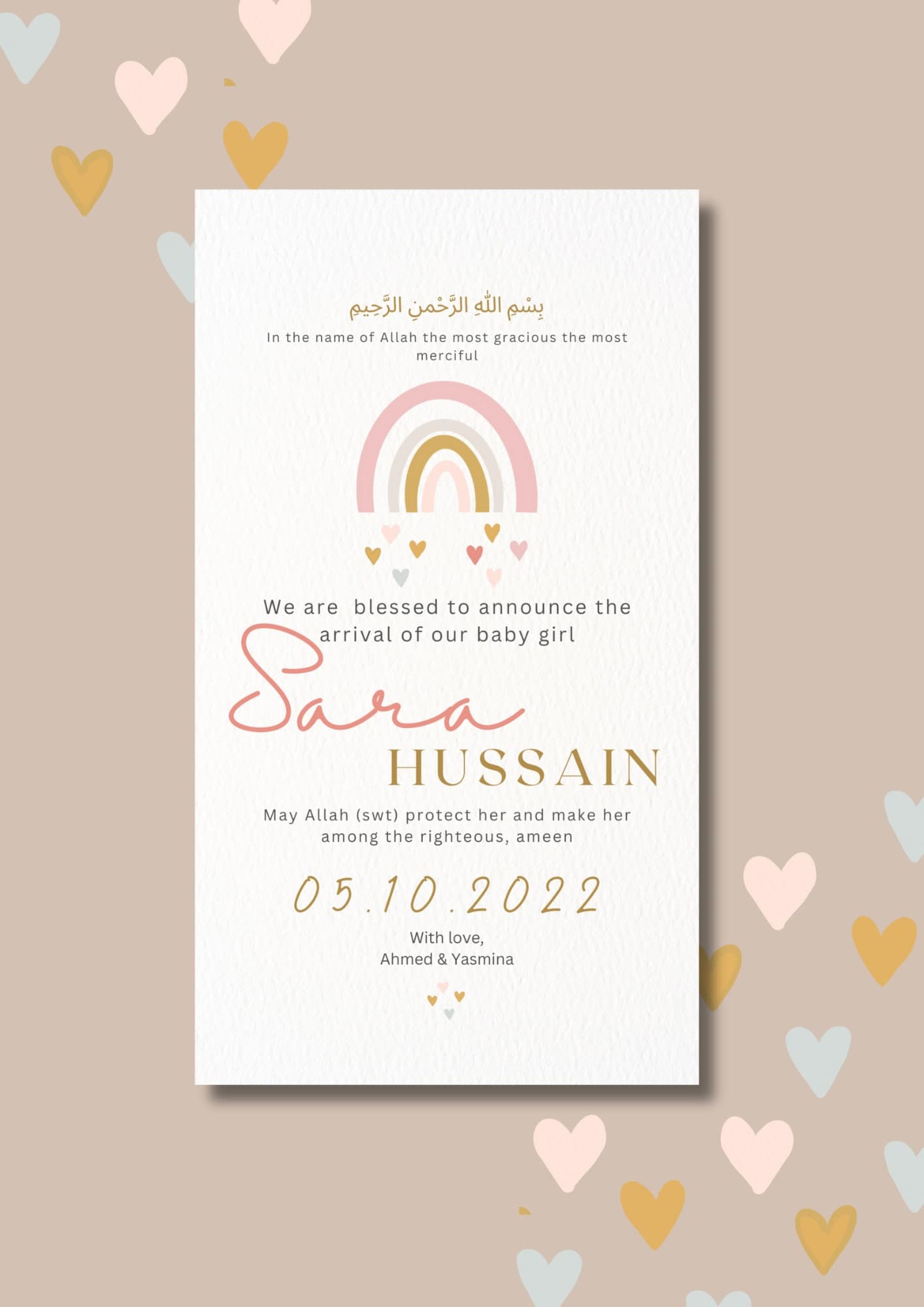 Muslim Baby Girl Birth Announcement | Pink Rainbow | Editable Canva Template (Digital Download) - image 3