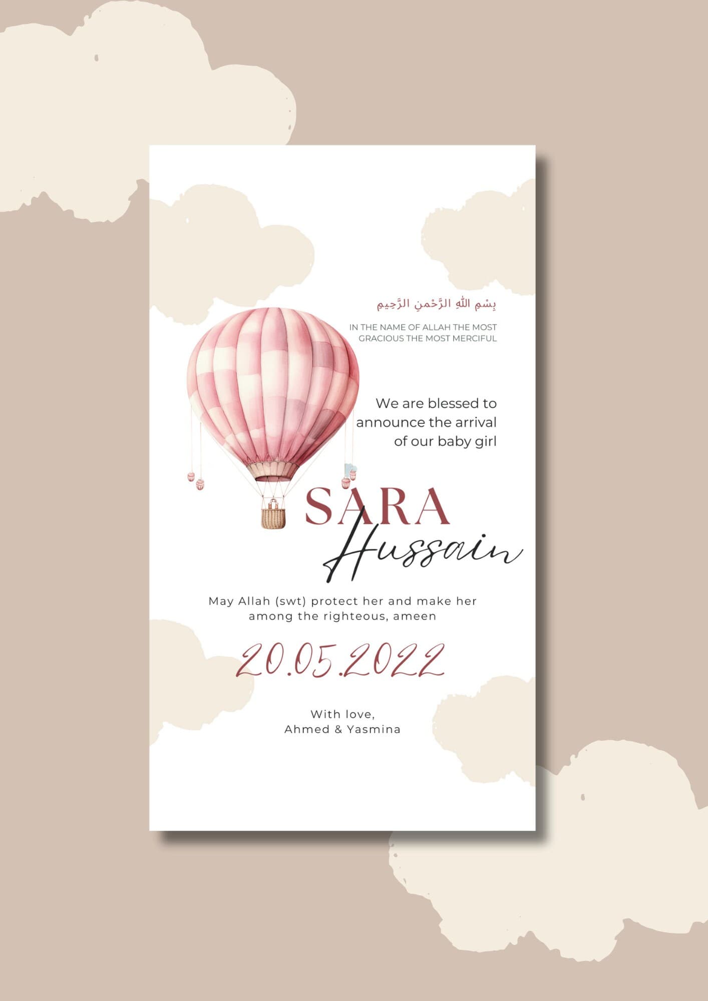 Pink Air Balloon Muslim Baby Girl Birth Announcement | Editable Canva Template (Digital Download) - image 3