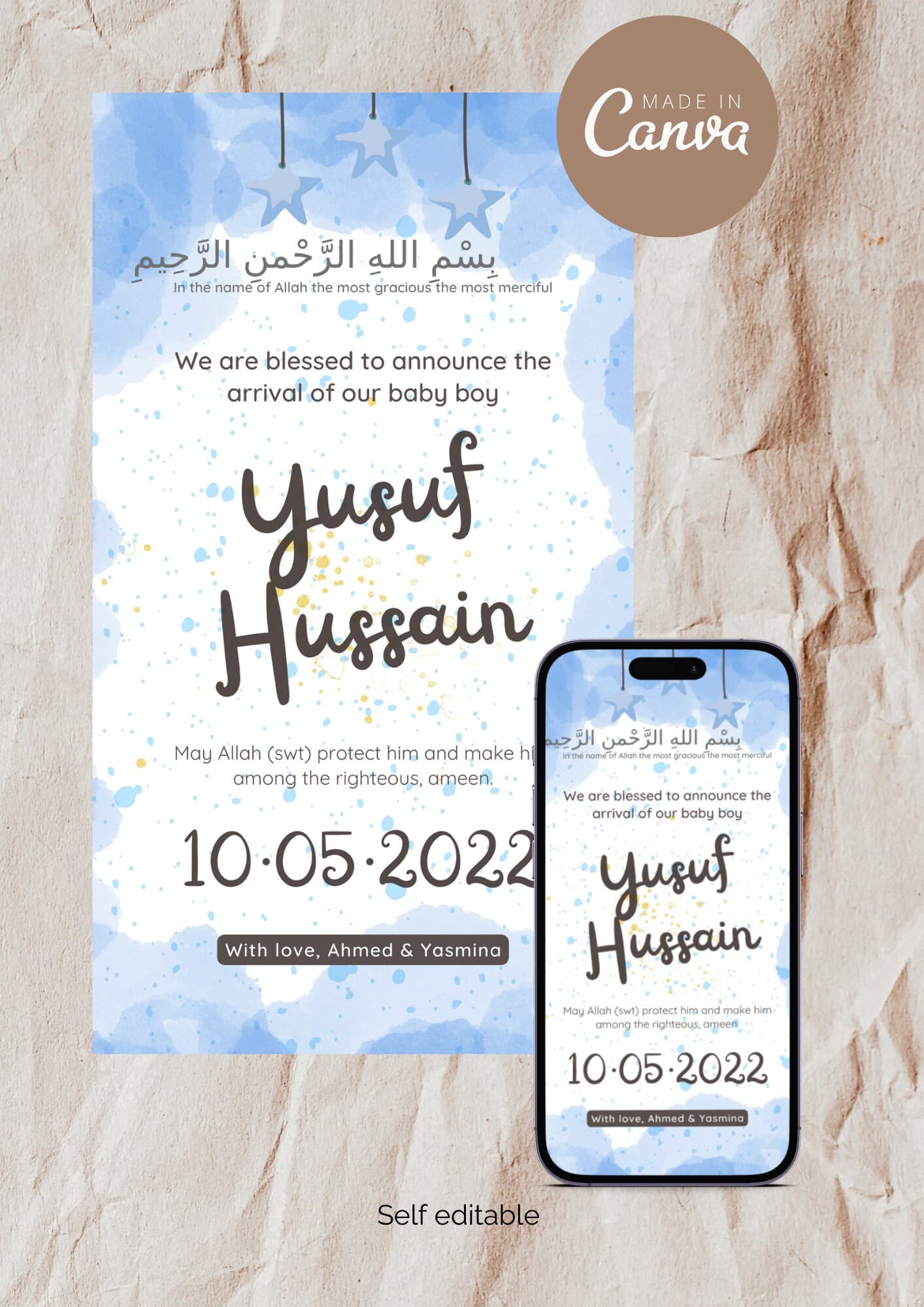 Blue Watercolor Muslim Baby Boy Birth Announcement (Editable Canva Template)