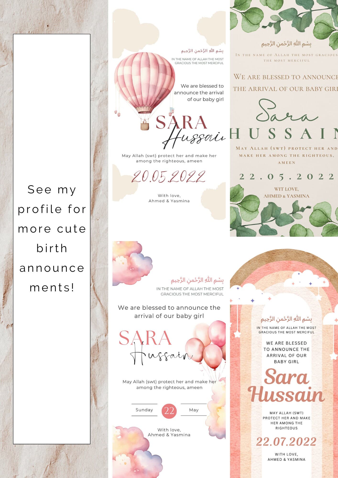 Muslim Baby Girl Birth Announcement | Rainbow (Editable Canva Template) - image 5