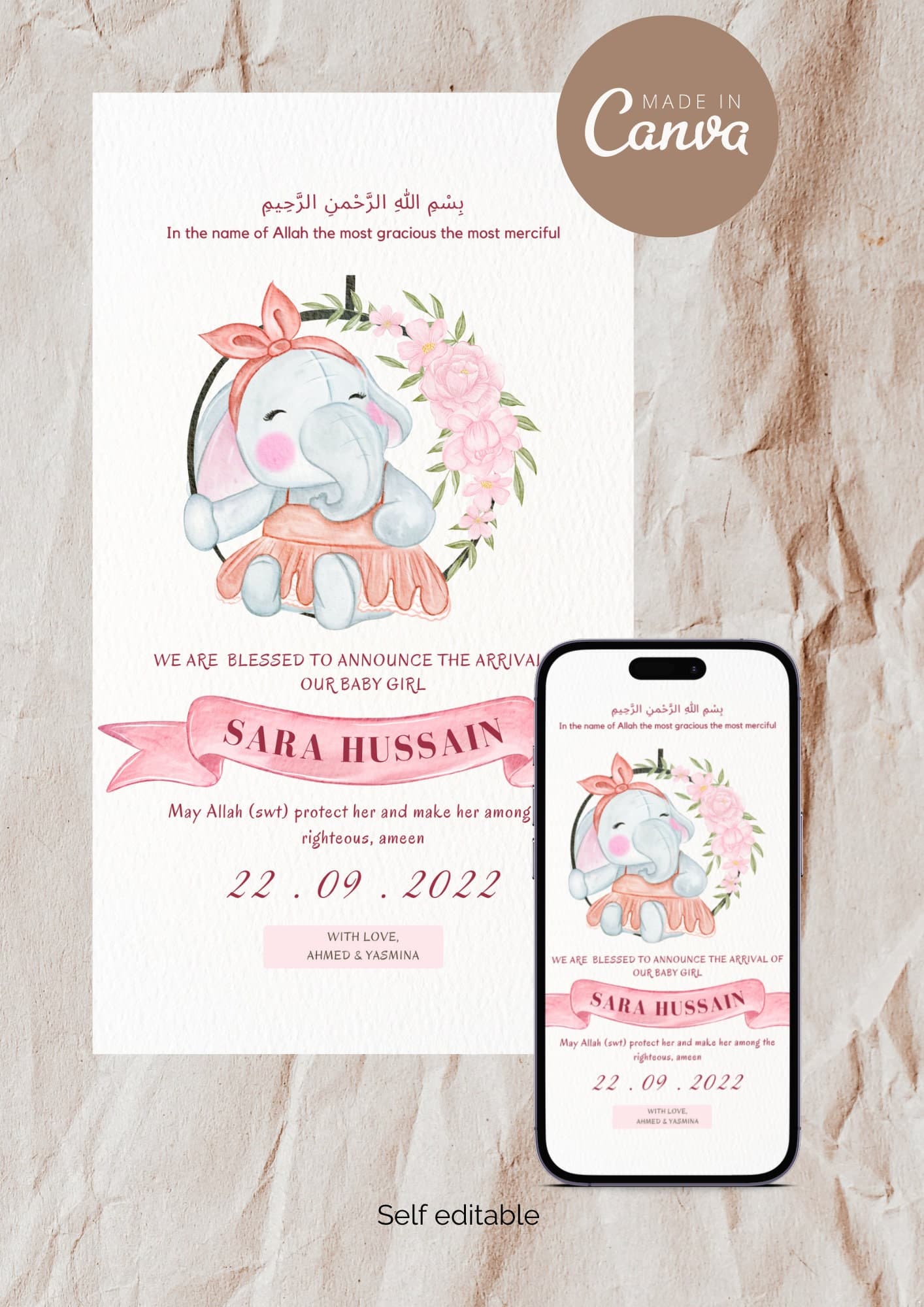 Pink Elephant Muslim Girl Birth Announcement | Editable Canva Template (Digital)