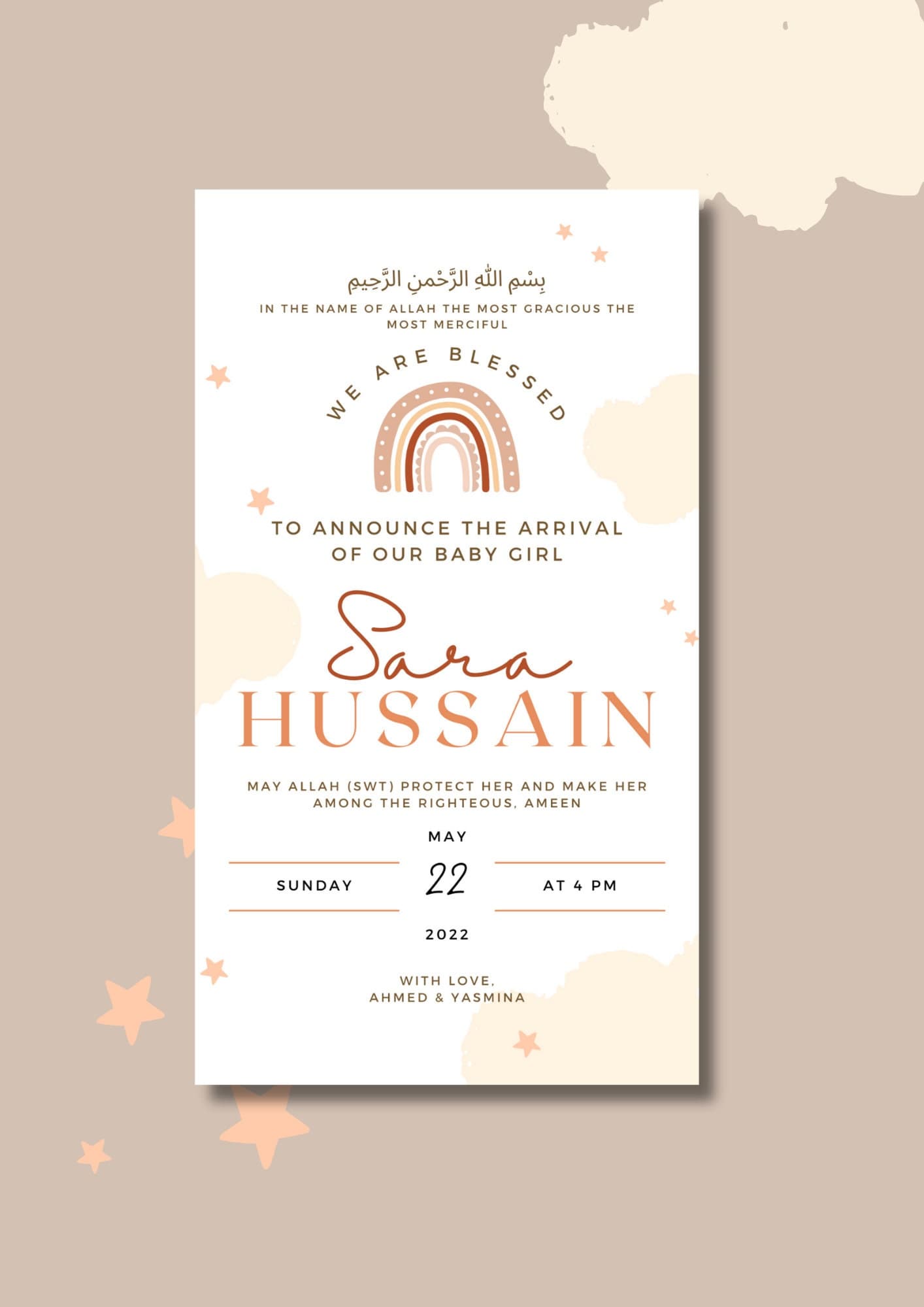 Muslim Baby Girl Birth Announcement | Rainbow (Editable Canva Template) - image 3