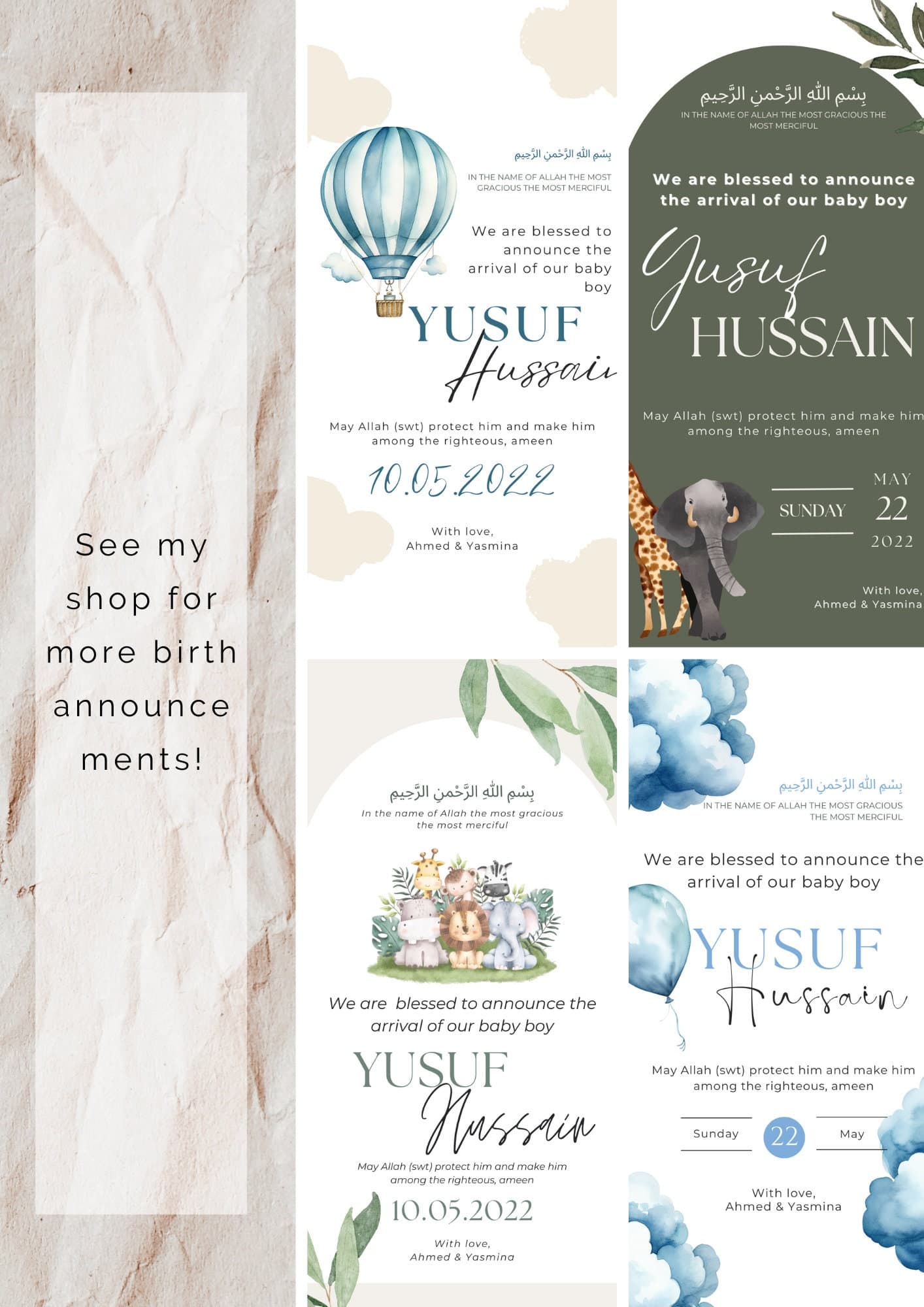 Blue Air Balloon Baby Boy Birth Announcement | Islamic Canva Template (Digital) - image 5