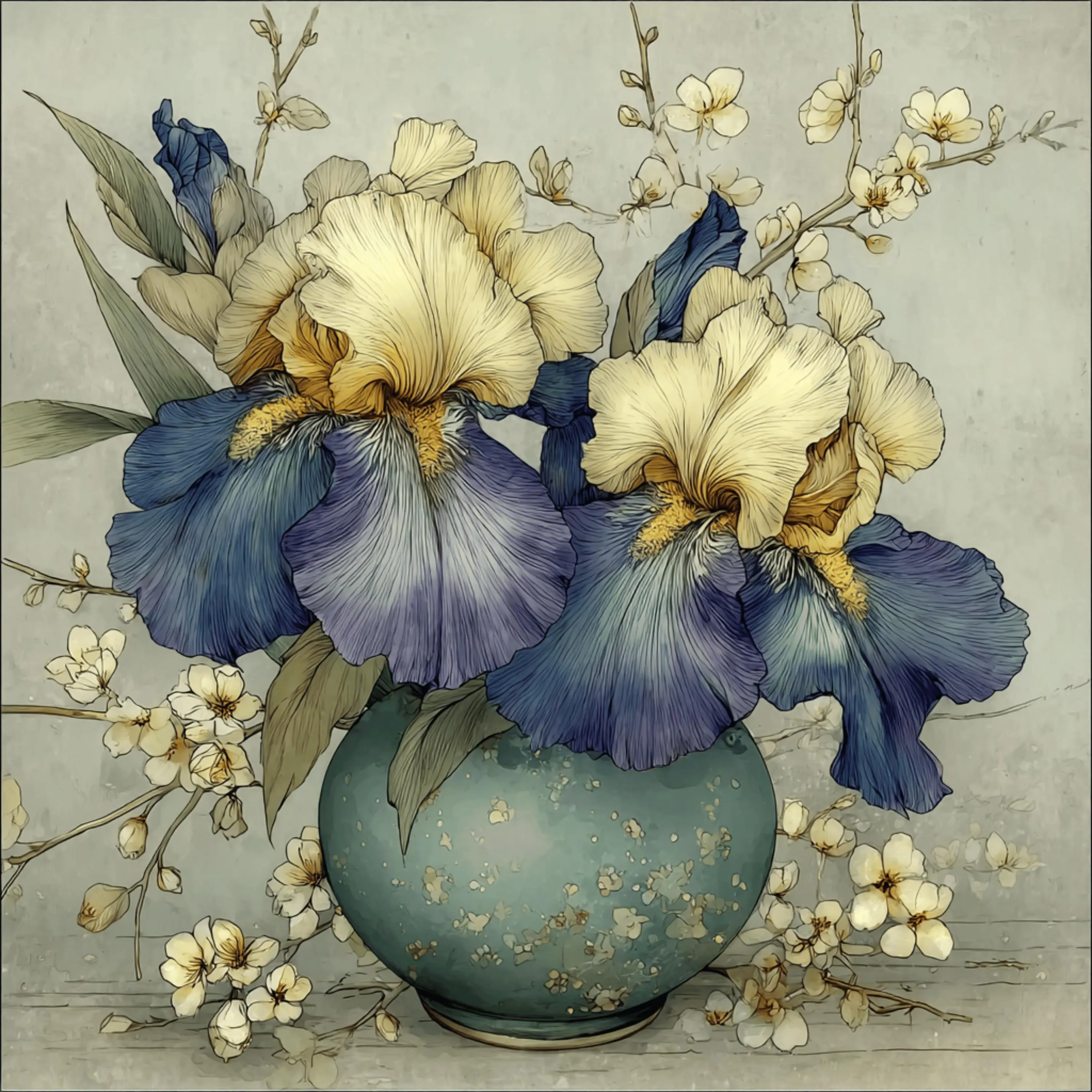 25 Elegant Grey Green Iris Watercolor Flowers | 25 Botanical Art Prints | Instant Download Floral Artwork