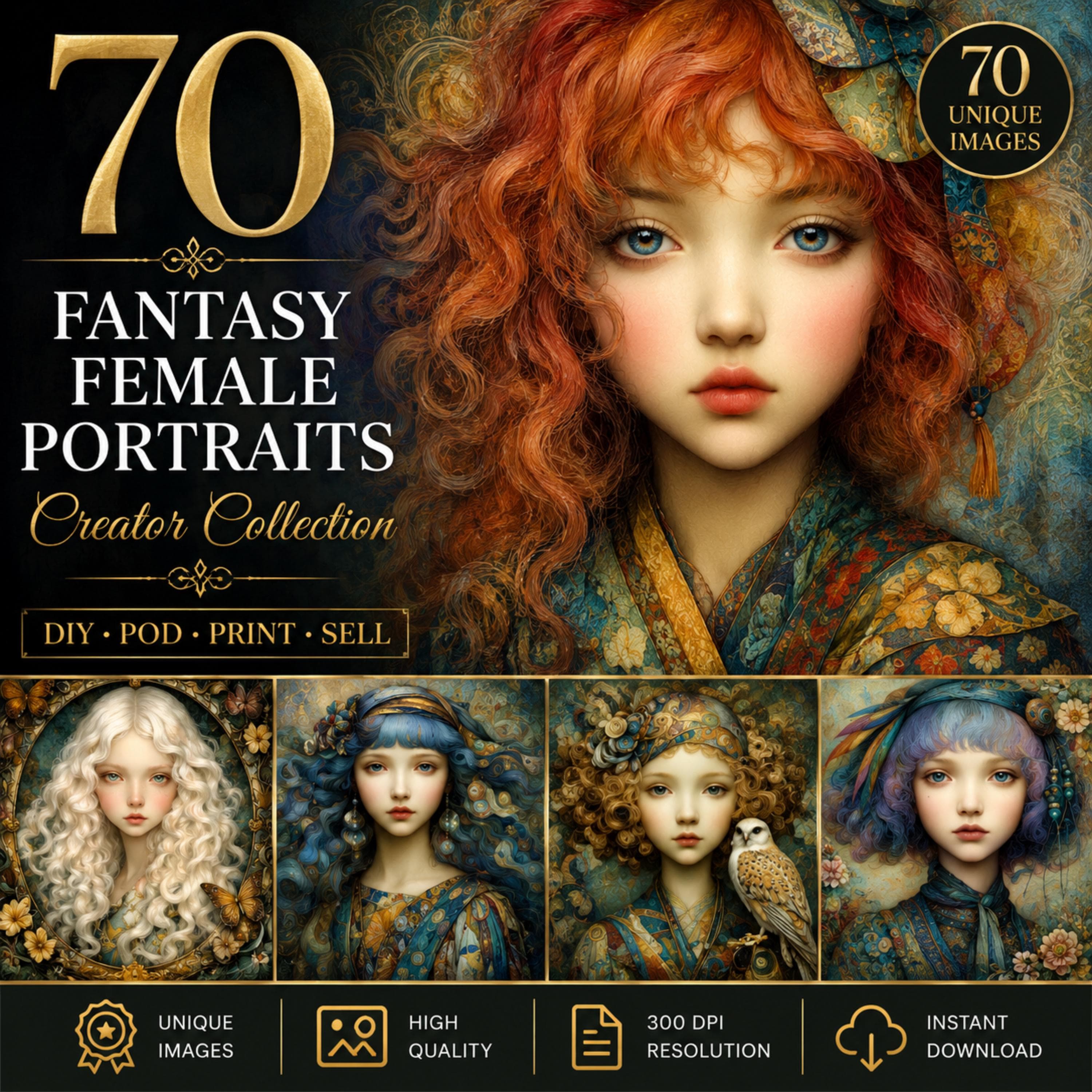 70 Whimsical Fantasy Girl Portraits Digital Download PNG Art Set