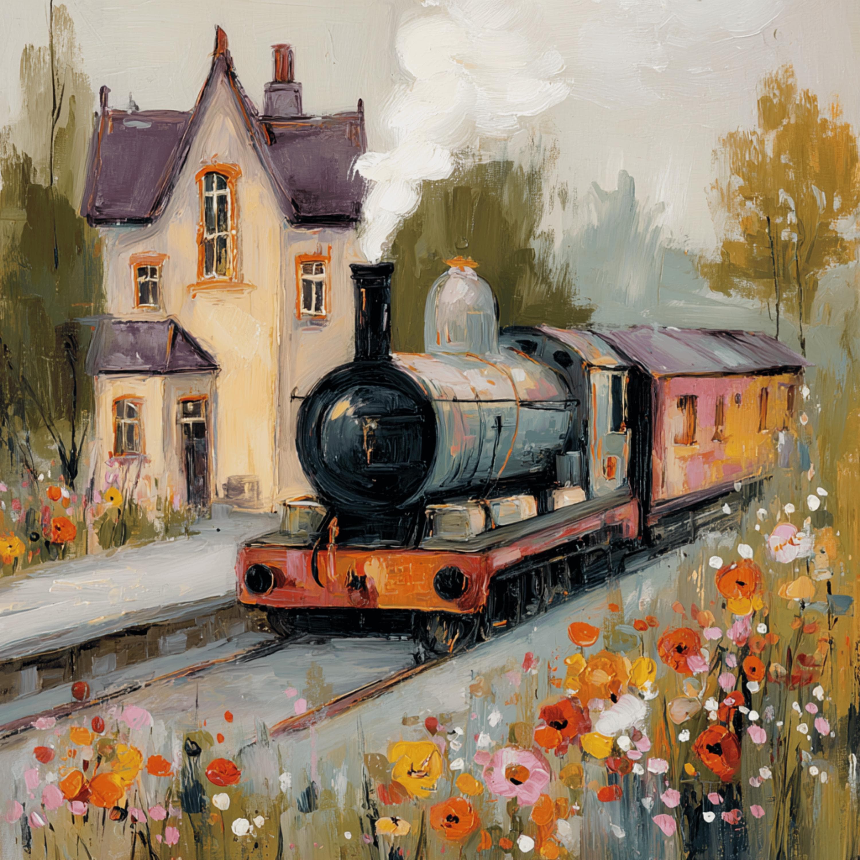 23 Vintage Steam Train Village Art Set Floral Railway Paintings Printable Wall Decor Bundle
