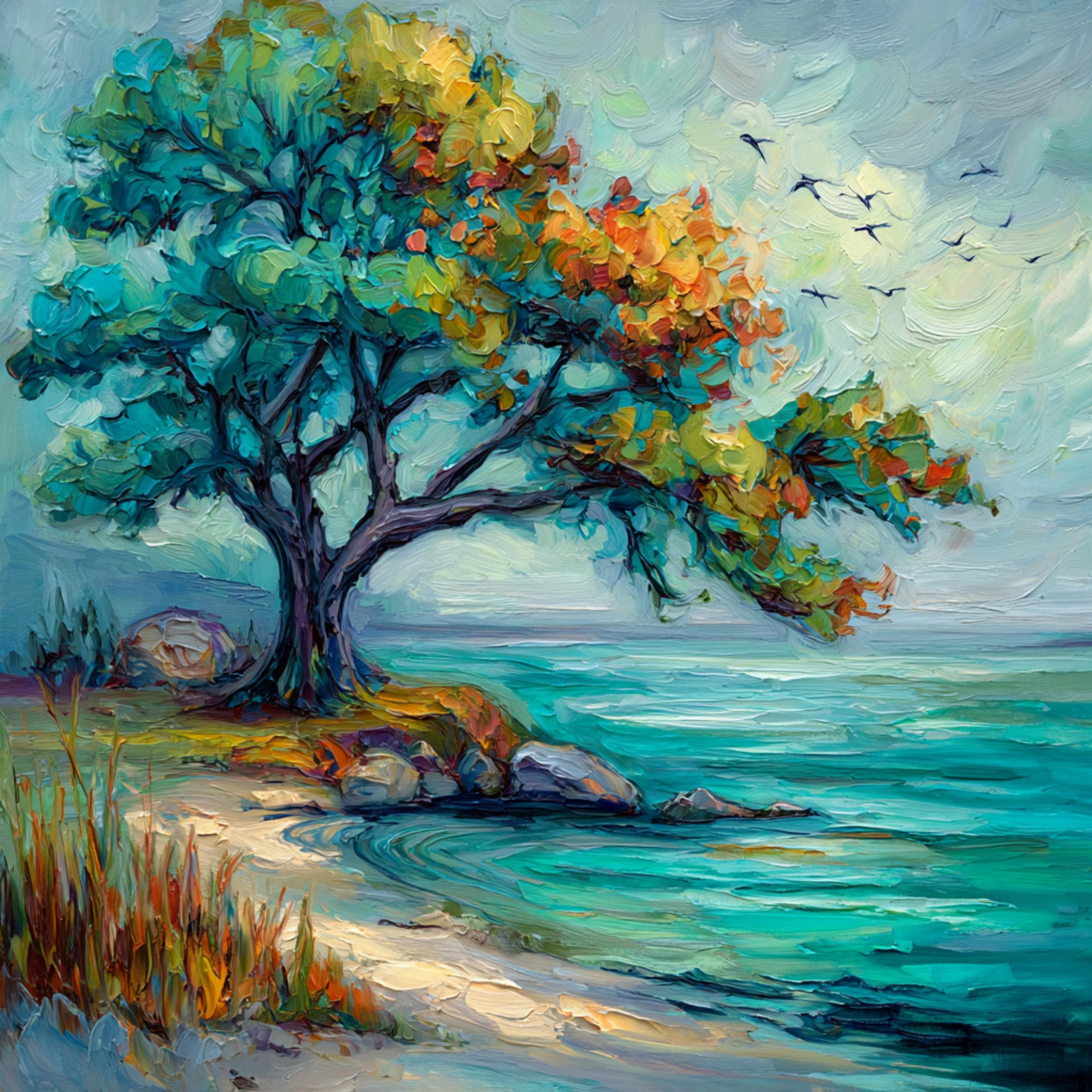 17 Colorful Textured Tree Art Set, Painterly Landscape Trees in Teal and Warm Autumn Tones
