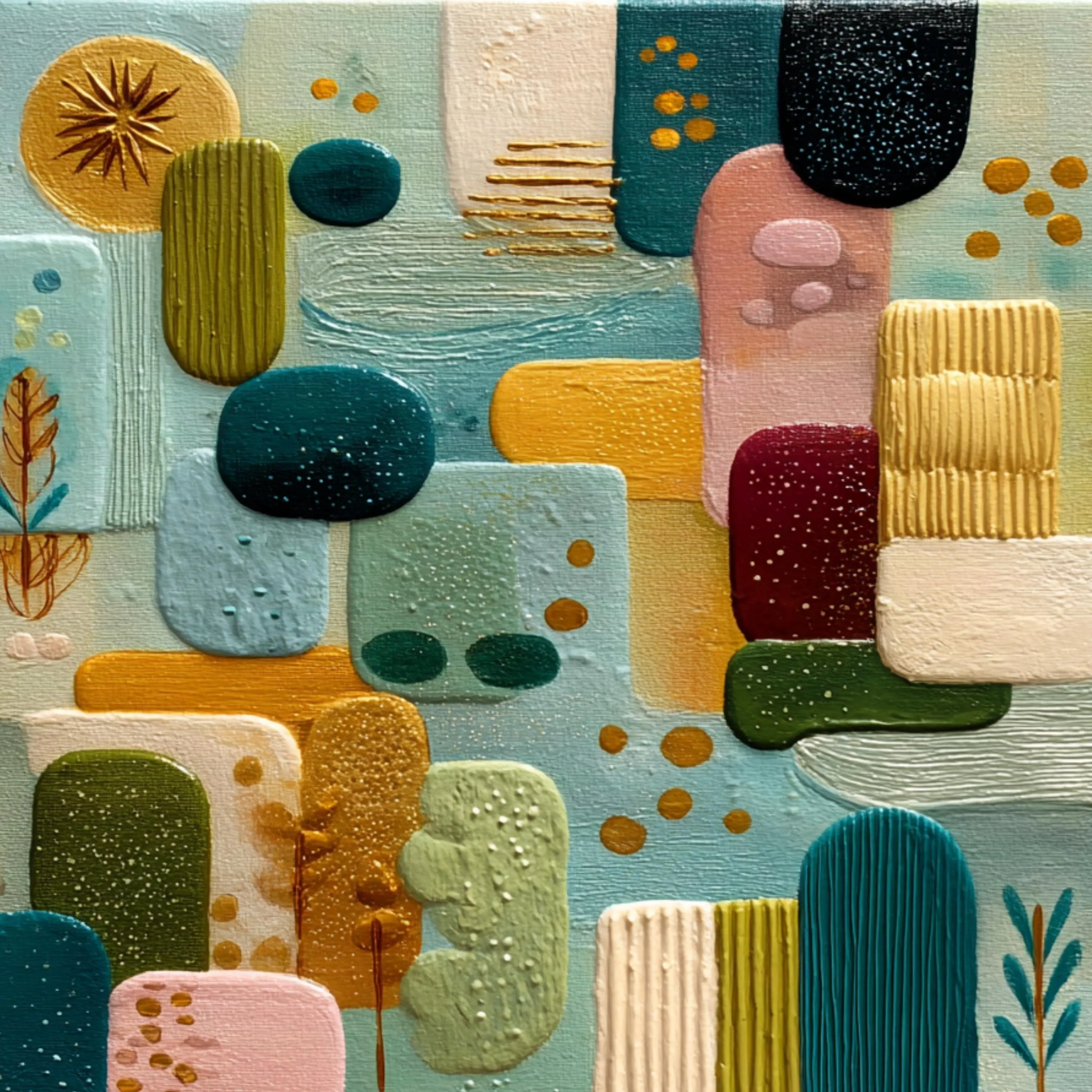 35 Textured Abstract Wall Art Set, Mid Century Modern Shapes Botanical Neutral Color Artwork