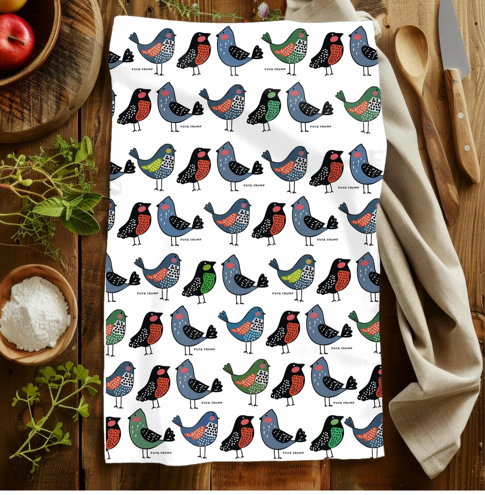 Subtle Fuck Trump Cute Birds Tea Towel Boho Kitchen Decor Funny Anti Trump Gift Mom Unique Fall Home Thanksgiving Decor