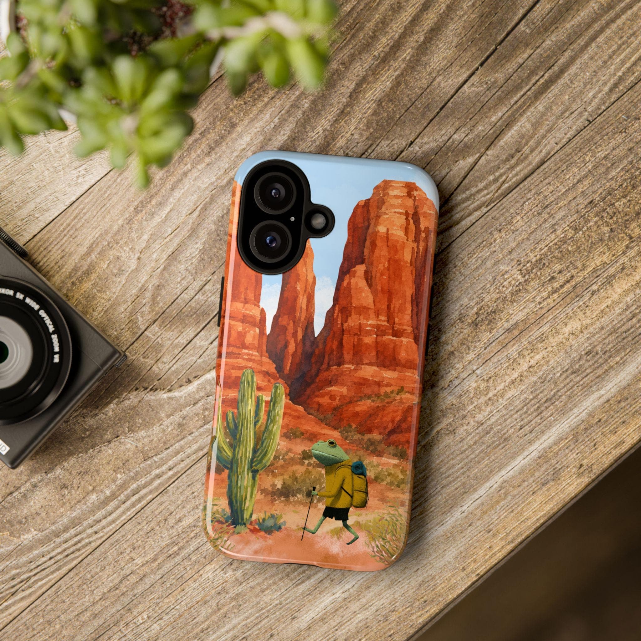 Frog Hiker Desert Cactus Phone Case, Hiking Lover Nature Scenic Watercolor Southwest Gift - image 3