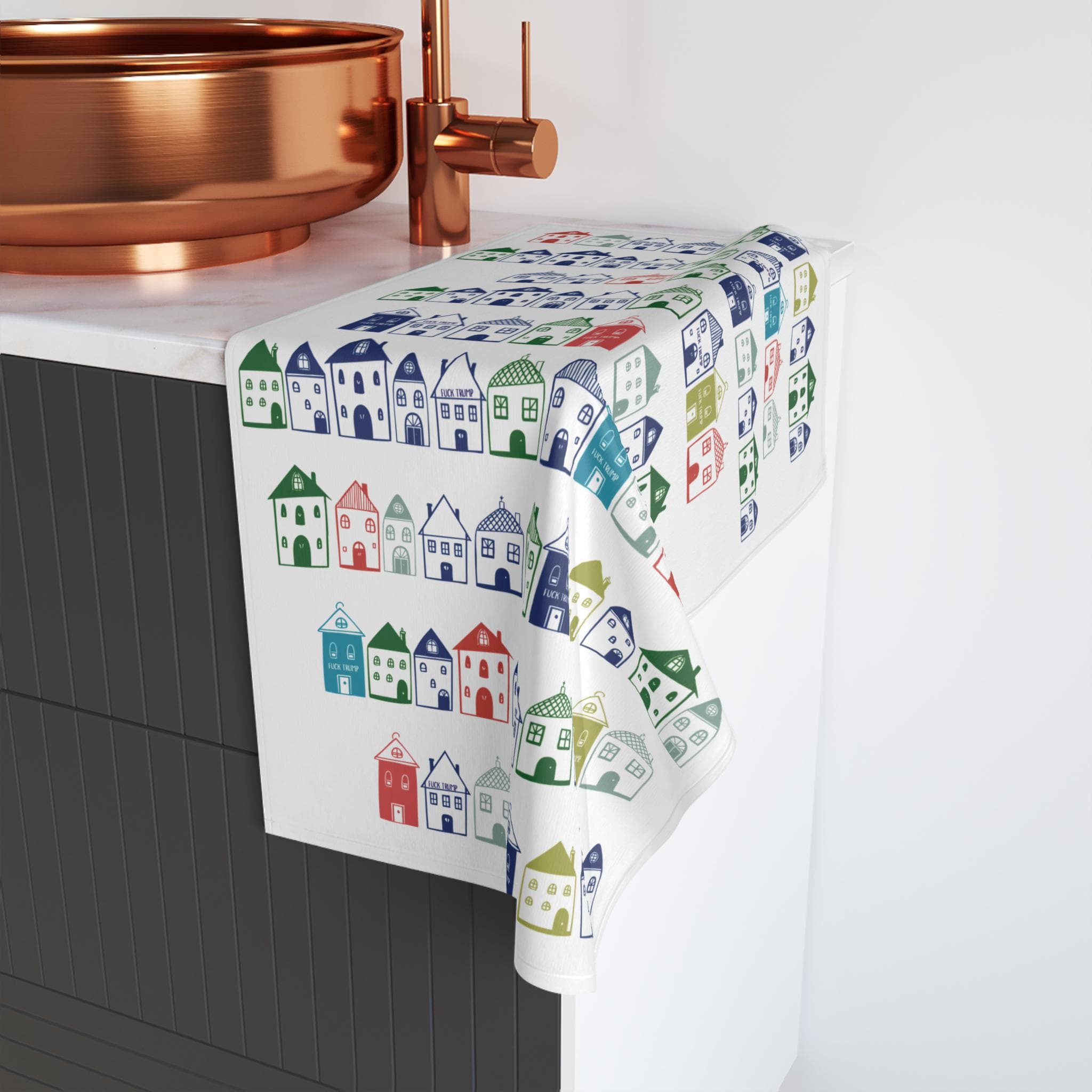 Subtle Anti Trump Boho Blue Houses Hand Towel, Fuck Trump Decor, Mother's Day Gift Kitchen Towel - image 5