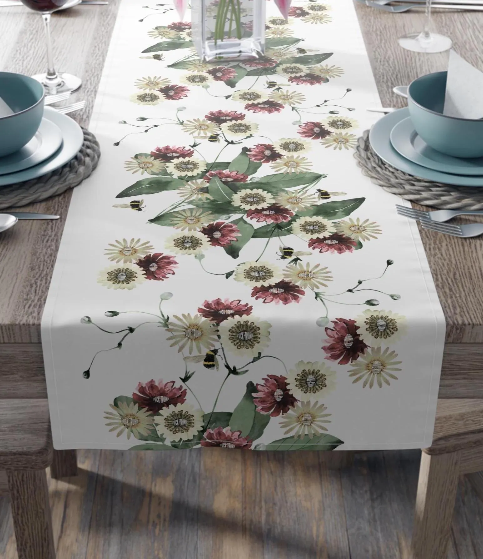 Flowers & Bees Subtle Fuck Trump Table Runner, Anti Trump Home Hosting Dinner Decor