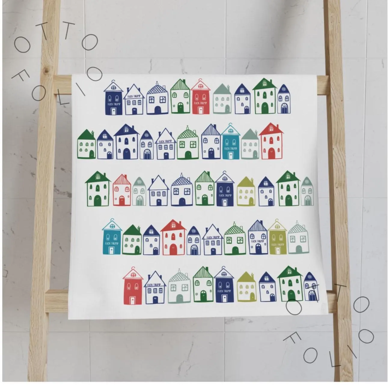 Subtle Anti Trump Boho Blue Houses Hand Towel, Fuck Trump Decor, Mother's Day Gift Kitchen Towel