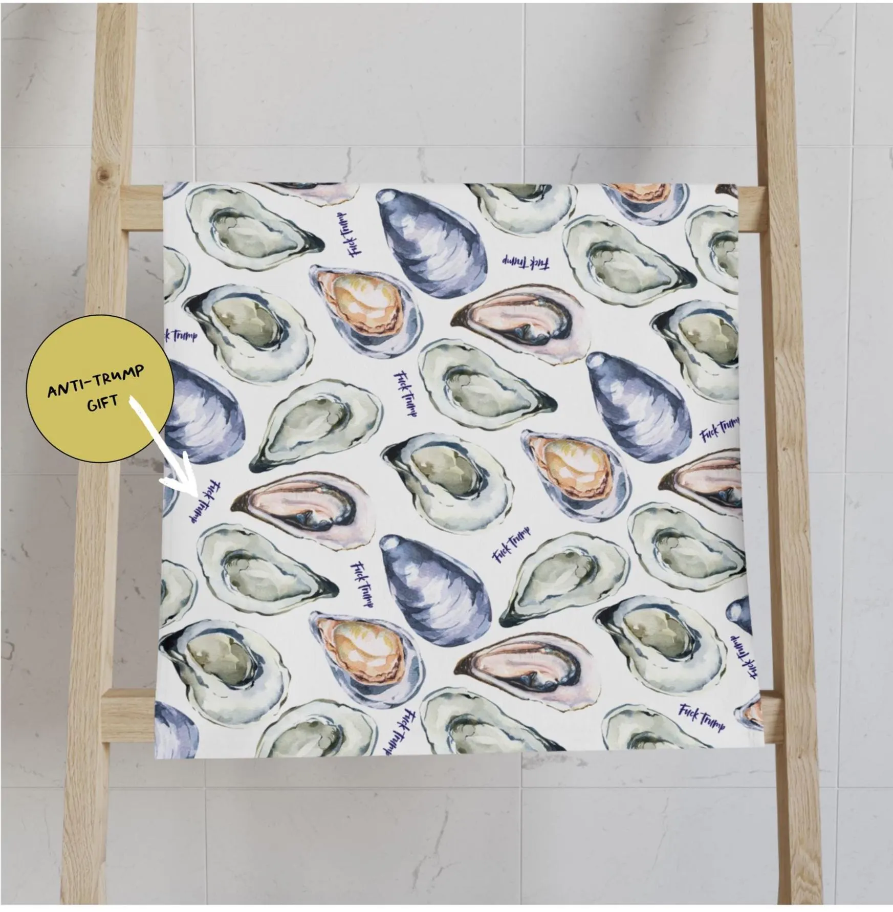 Oysters Subtle Fuck Trump Hand Towel, Anti Trump Boho Seafood Kitchen Foodie Cooking Decor Gift