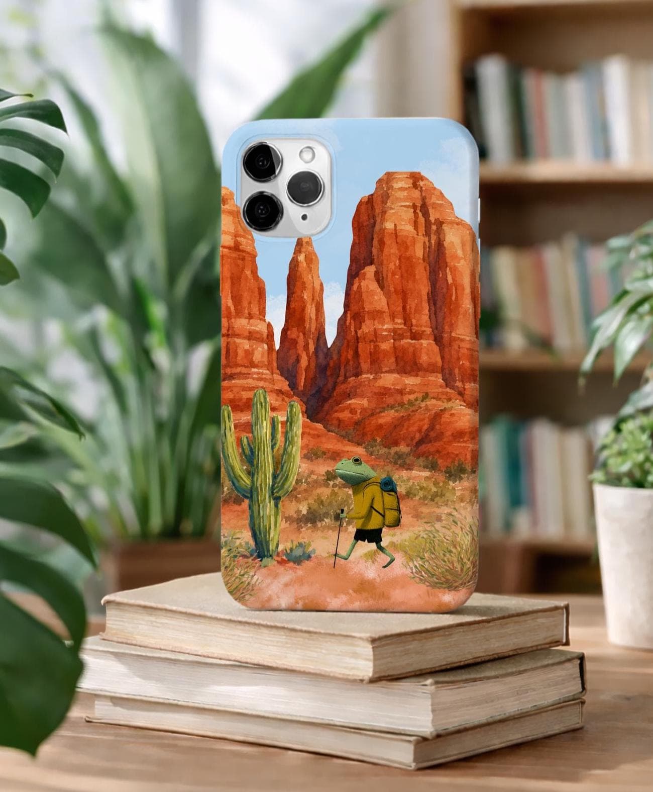 Frog Hiker Desert Cactus Phone Case, Hiking Lover Nature Scenic Watercolor Southwest Gift