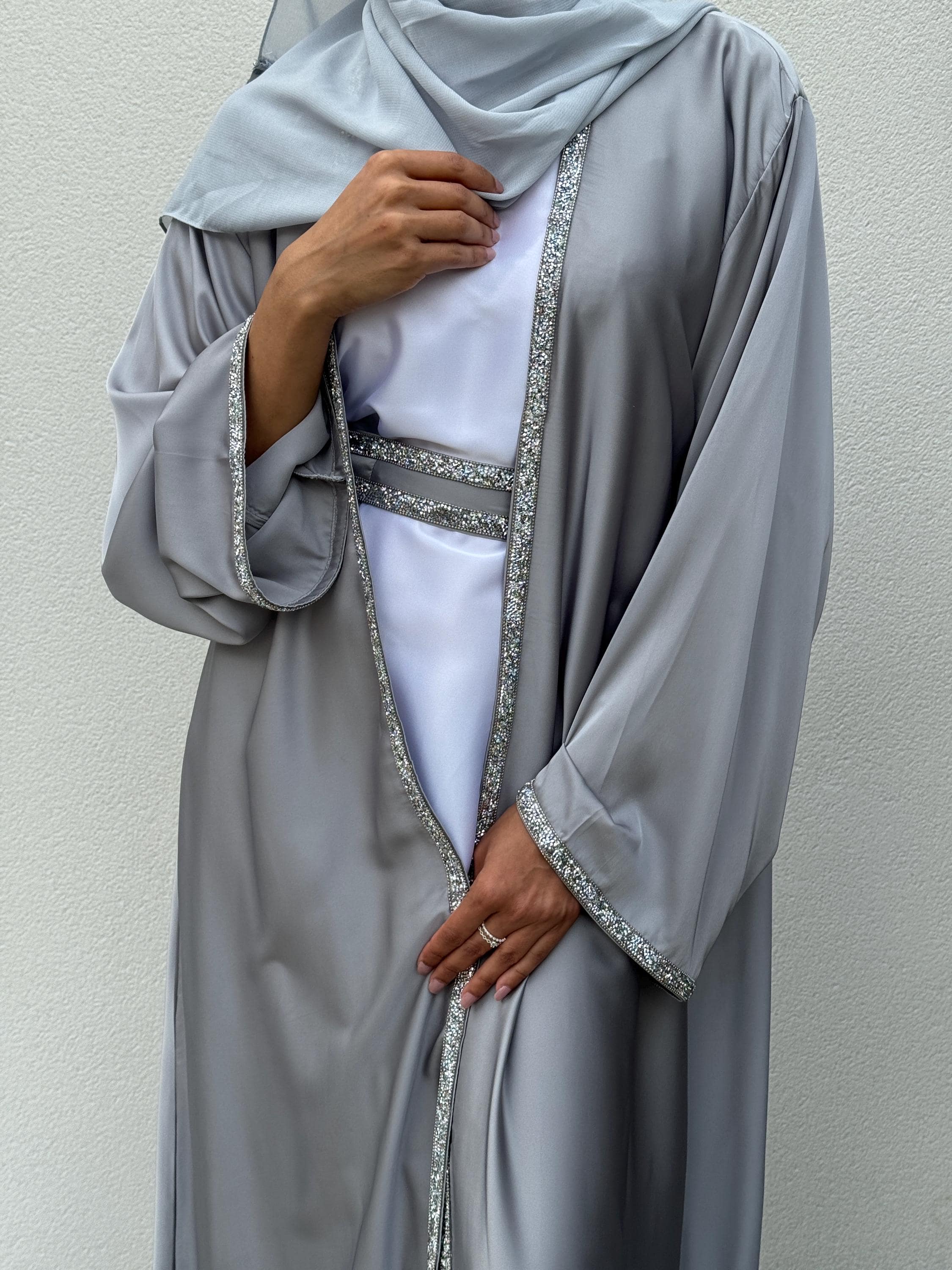 Julia Luxury Satin Silk 4-Piece Abaya Set | Elegant Silver Grey | Embellished Modest Fashion for Parties, Weddings, Occasions, Eid Outfit - image 4